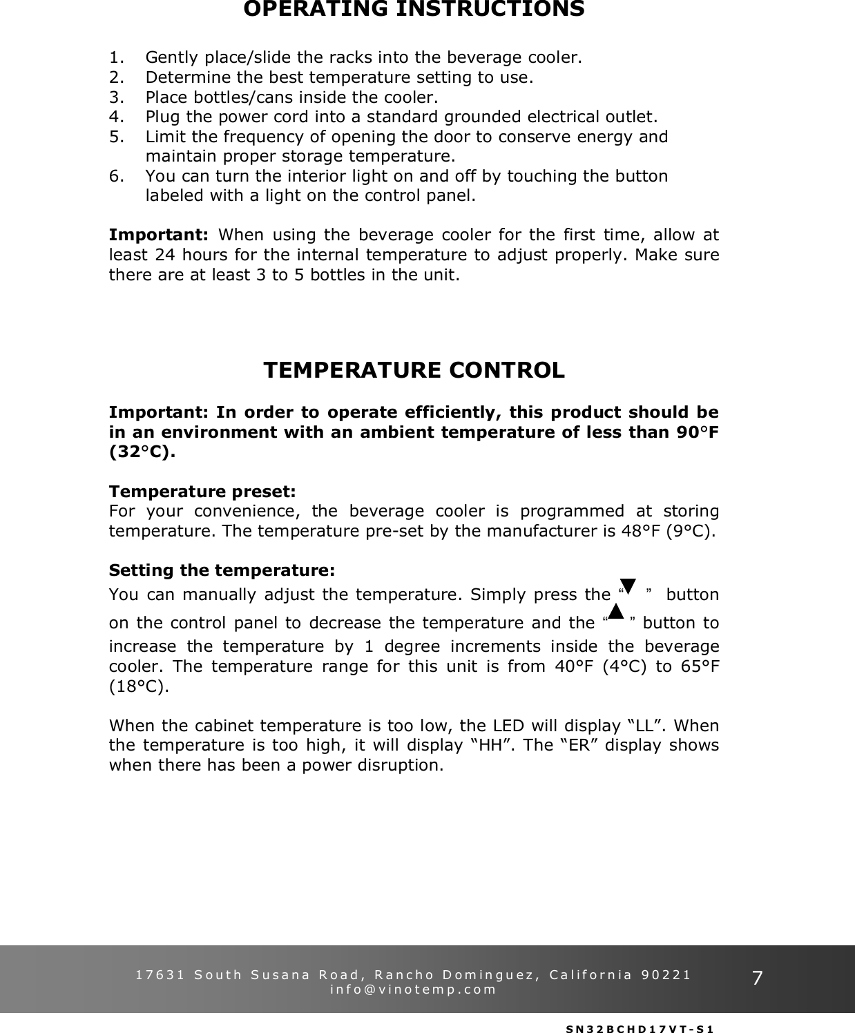 Page 7 of 12 - Vinotemp Vinotemp-Vt-32Bcsb-Users-Manual 081210 VT-32BCSBH Manual V2