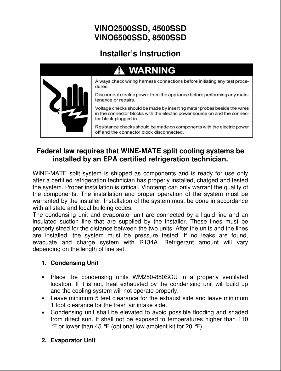 Page 1 of 8 - Vinotemp Vinotemp-Wine-Mate-Vino2500Ssd-Users-Manual Wm2500-8500ssd-installation