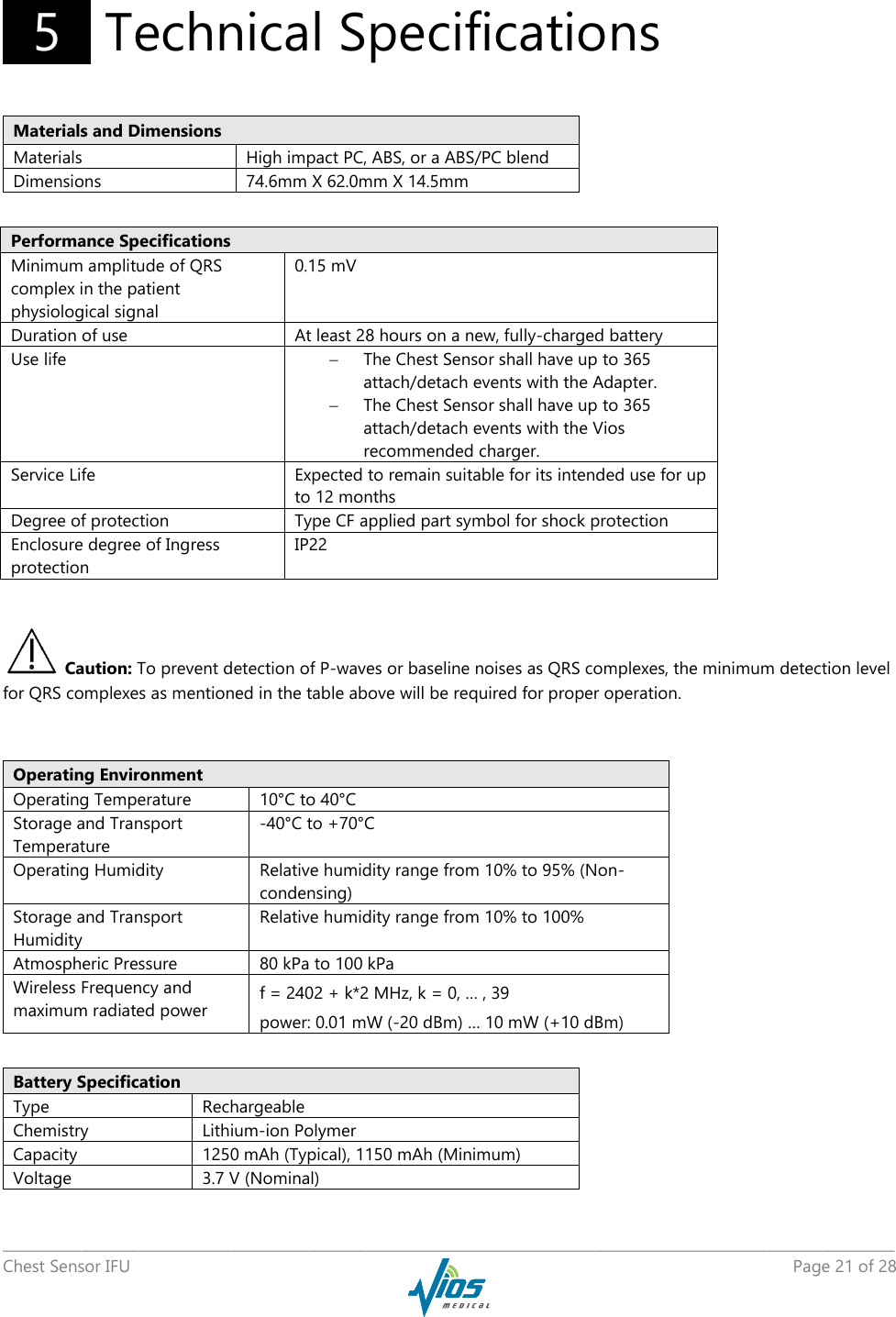   _____________________________________________________________________________________________________________________________ Chest Sensor IFU    Page 21 of 28    5   Technical Specifications Materials and Dimensions Materials High impact PC, ABS, or a ABS/PC blend Dimensions 74.6mm X 62.0mm X 14.5mm              Caution: To prevent detection of P-waves or baseline noises as QRS complexes, the minimum detection level for QRS complexes as mentioned in the table above will be required for proper operation.  Operating Environment Operating Temperature 10°C to 40°C Storage and Transport Temperature -40°C to +70°C Operating Humidity Relative humidity range from 10% to 95% (Non-condensing) Storage and Transport Humidity Relative humidity range from 10% to 100%  Atmospheric Pressure  80 kPa to 100 kPa Wireless Frequency and maximum radiated power f = 2402 + k*2 MHz, k = 0, … , 39 power: 0.01 mW (-20 dBm) … 10 mW (+10 dBm)  Performance Specifications Minimum amplitude of QRS complex in the patient physiological signal 0.15 mV Duration of use At least 28 hours on a new, fully-charged battery Use life  The Chest Sensor shall have up to 365 attach/detach events with the Adapter.  The Chest Sensor shall have up to 365 attach/detach events with the Vios recommended charger.  Service Life Expected to remain suitable for its intended use for up to 12 months Degree of protection Type CF applied part symbol for shock protection Enclosure degree of Ingress protection IP22 Battery Specification Type Rechargeable Chemistry Lithium-ion Polymer Capacity 1250 mAh (Typical), 1150 mAh (Minimum) Voltage 3.7 V (Nominal) 