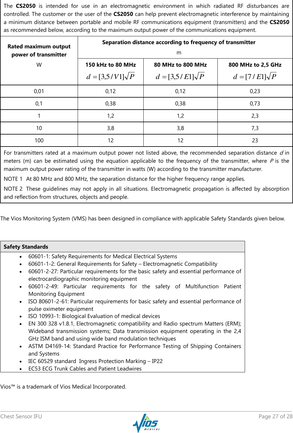   _____________________________________________________________________________________________________________________________ Chest Sensor IFU    Page 27 of 28  The  CS2050  is  intended  for  use  in  an  electromagnetic  environment  in  which  radiated  RF  disturbances  are controlled. The customer or the user of the CS2050 can help prevent electromagnetic interference by maintaining a minimum distance between portable and mobile RF communications equipment (transmitters) and the  CS2050 as recommended below, according to the maximum output power of the communications equipment. Rated maximum output power of transmitter W  Separation distance according to frequency of transmitter m 150 kHz to 80 MHz PVd ]1/5,3[ 80 MHz to 800 MHz PEd ]1/5,3[ 800 MHz to 2,5 GHz PEd ]1/7[ 0,01 0,12 0,12 0,23 0,1 0,38 0,38 0,73 1 1,2 1,2 2,3 10 3,8 3,8 7,3 100 12 12 23 For transmitters rated at a maximum output power not listed above, the recommended separation distance d in meters  (m)  can  be  estimated  using  the  equation  applicable  to  the  frequency  of  the  transmitter,  where P is  the maximum output power rating of the transmitter in watts (W) according to the transmitter manufacturer. NOTE 1  At 80 MHz and 800 MHz, the separation distance for the higher frequency range applies. NOTE 2  These  guidelines may  not apply  in all  situations. Electromagnetic propagation  is affected  by absorption and reflection from structures, objects and people.  The Vios Monitoring System (VMS) has been designed in compliance with applicable Safety Standards given below.             Vios™ is a trademark of Vios Medical Incorporated. Safety Standards  60601-1: Safety Requirements for Medical Electrical Systems   60601-1-2: General Requirements for Safety – Electromagnetic Compatibility  60601-2-27: Particular requirements for the basic safety and essential performance of electrocardiographic monitoring equipment  60601-2-49:  Particular  requirements  for  the  safety  of  Multifunction  Patient Monitoring Equipment  ISO 80601-2-61: Particular requirements for basic safety and essential performance of pulse oximeter equipment  ISO 10993-1: Biological Evaluation of medical devices   EN 300 328 v1.8.1, Electromagnetic compatibility and Radio spectrum Matters (ERM); Wideband  transmission  systems;  Data  transmission  equipment  operating  in  the  2,4 GHz ISM band and using wide band modulation techniques  ASTM  D4169-14:  Standard  Practice  for  Performance  Testing  of  Shipping  Containers and Systems  IEC 60529 standard  Ingress Protection Marking – IP22  EC53 ECG Trunk Cables and Patient Leadwires 
