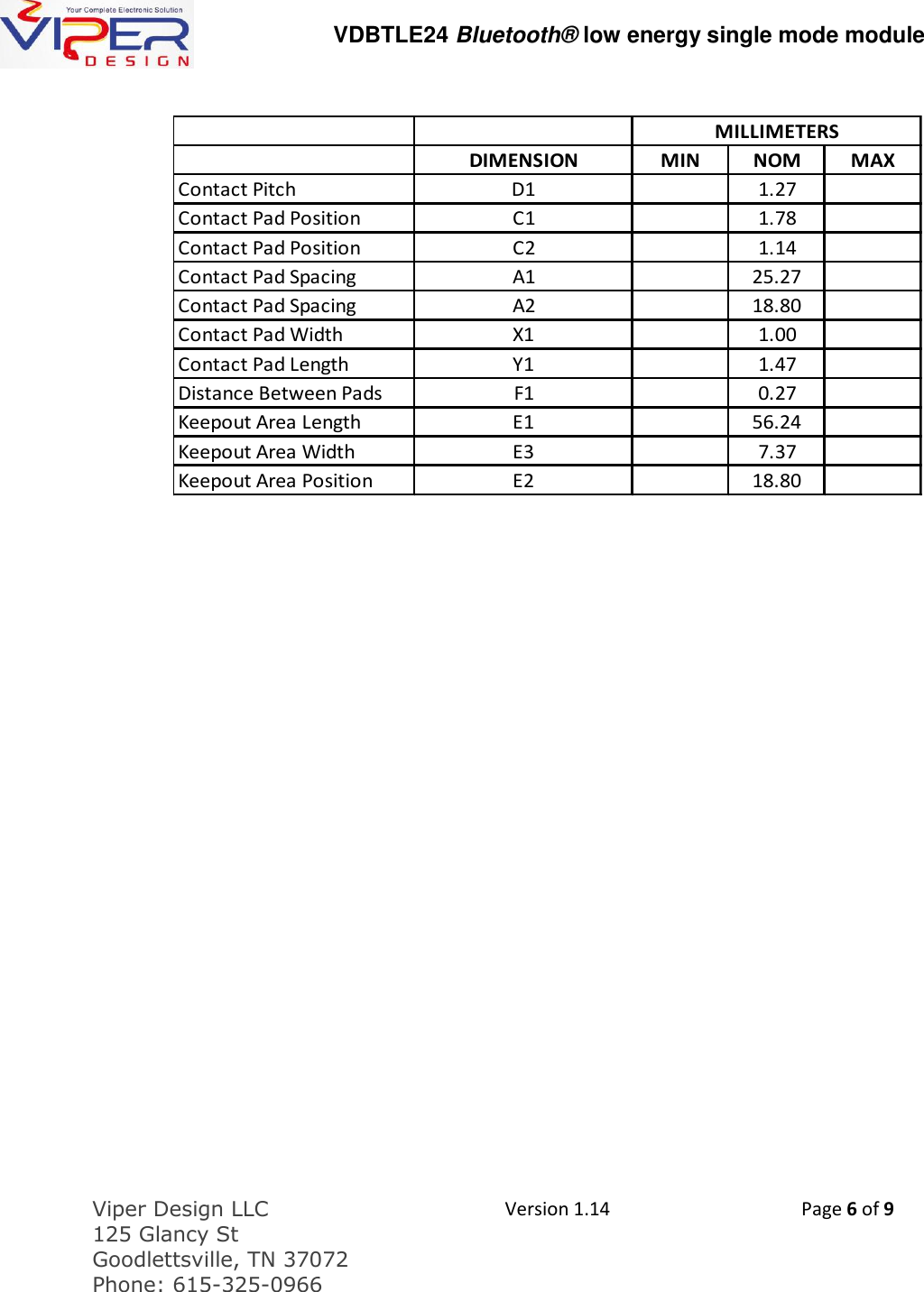   VDBTLE24 Bluetooth&reg; low energy single mode module  Viper Design LLC 125 Glancy St  Goodlettsville, TN 37072 Phone: 615-325-0966  Version 1.14 Page 6 of 9  DIMENSION MIN NOM MAXContact Pitch D1 1.27Contact Pad Position C1 1.78Contact Pad Position C2 1.14Contact Pad Spacing A1 25.27Contact Pad Spacing A2 18.80Contact Pad Width X1 1.00Contact Pad Length Y1 1.47Distance Between Pads F1 0.27Keepout Area Length E1 56.24Keepout Area Width E3 7.37Keepout Area Position E2 18.80MILLIMETERS     