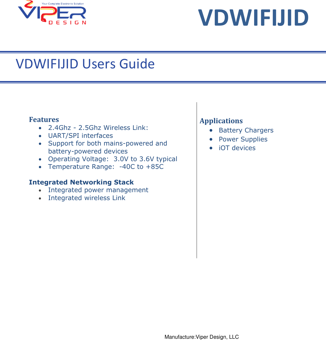 Page 1 of Viper Design VDW24D WiFi Module User Manual 