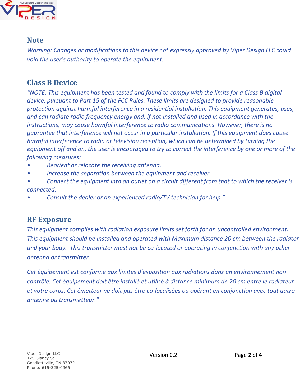 Page 2 of Viper Design VDW24D WiFi Module User Manual 