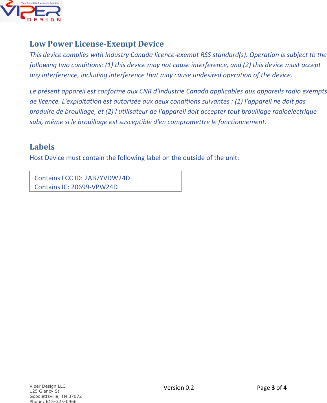 Page 3 of Viper Design VDW24D WiFi Module User Manual 