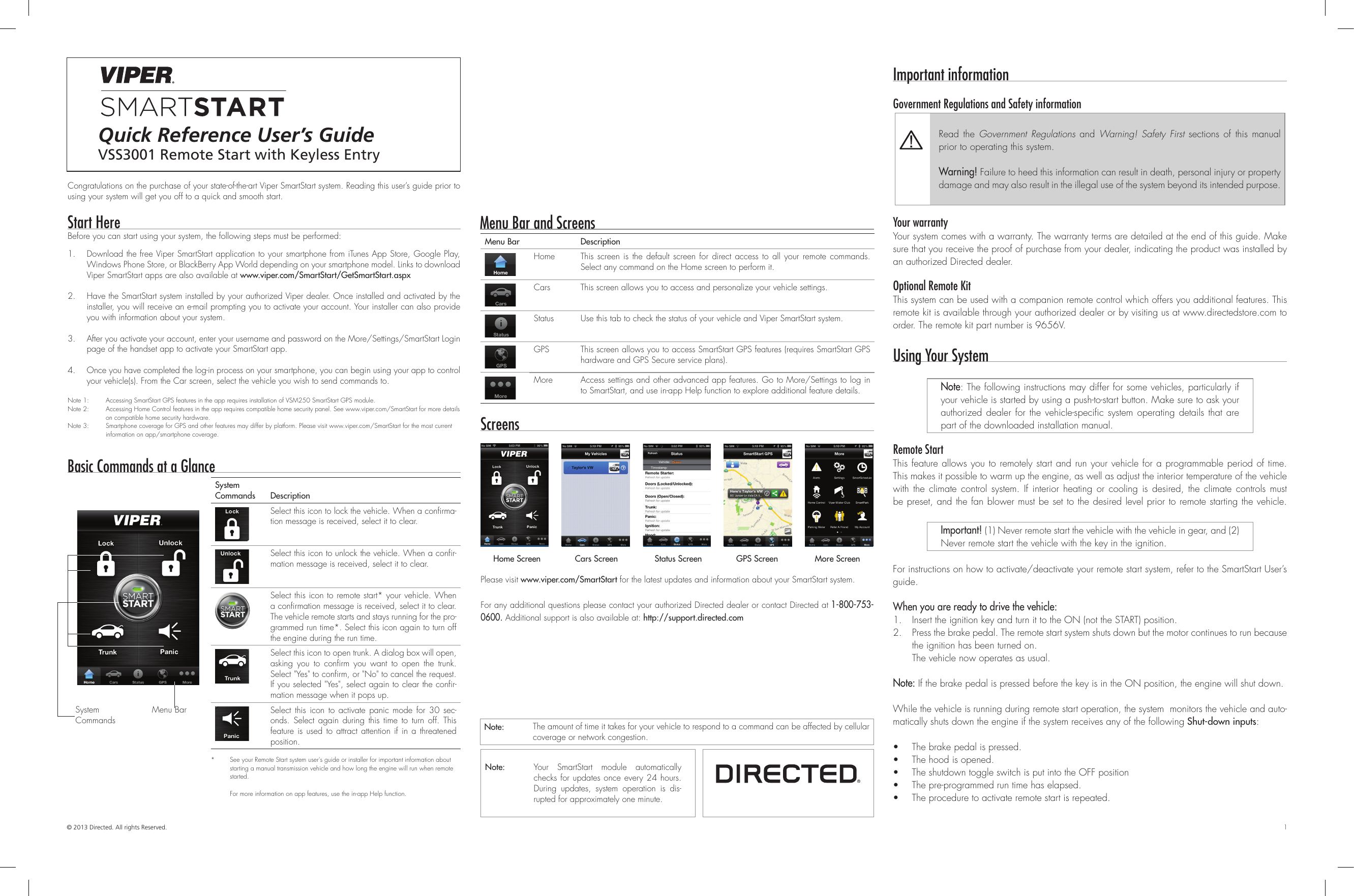 Page 1 of 2 - Viper Viper-Smartstart-System-Owners-Guide- QRGVSS3001 2013-09 Rev4  Viper-smartstart-system-owners-guide