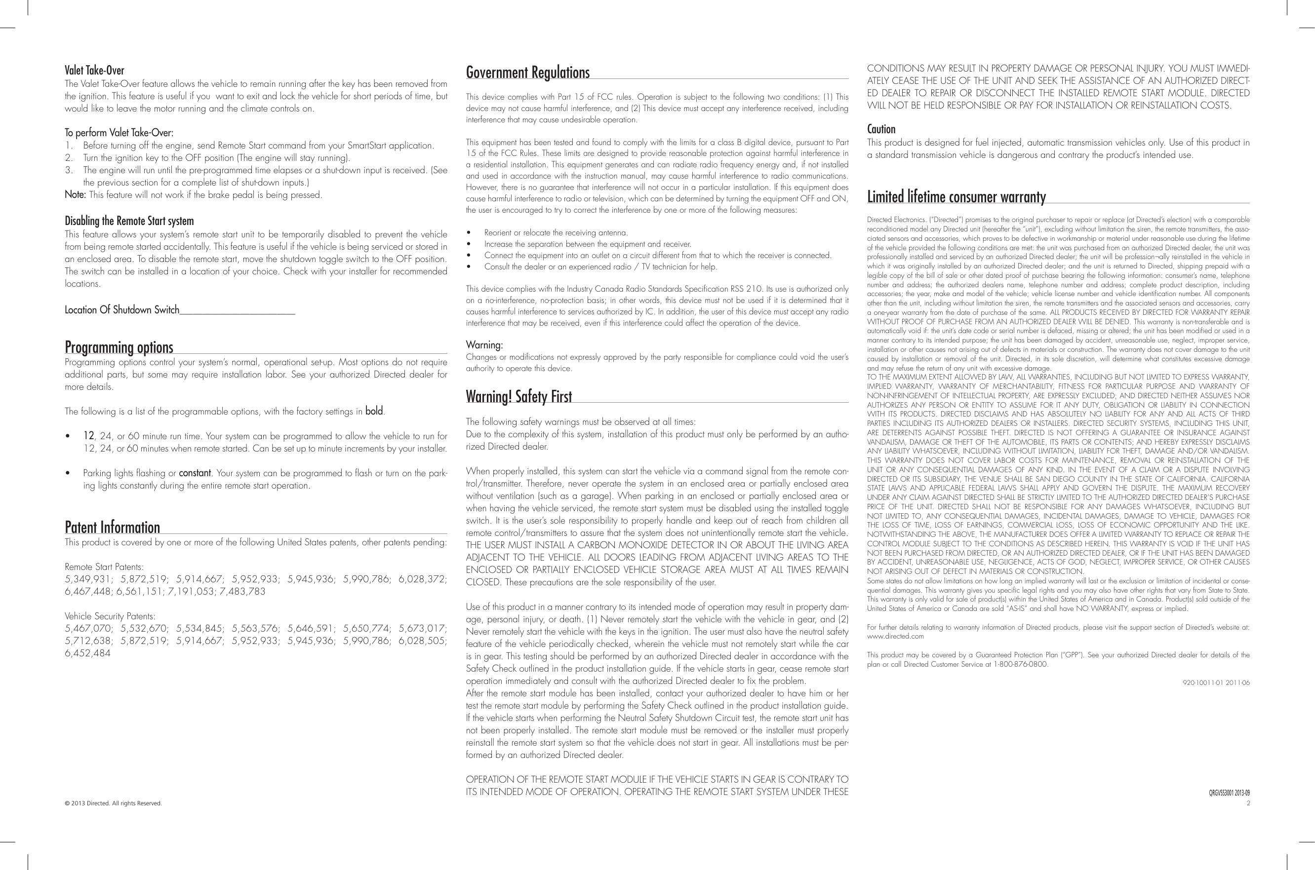 Page 2 of 2 - Viper Viper-Smartstart-System-Owners-Guide- QRGVSS3001 2013-09 Rev4  Viper-smartstart-system-owners-guide