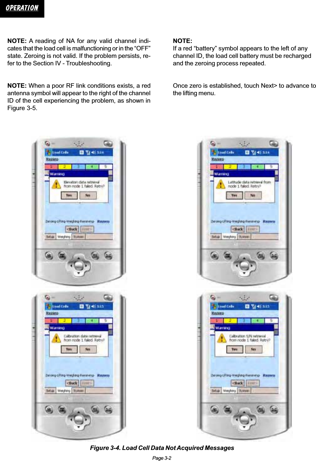 Page 3-2OperationOperationOperationOperationOperationFigure 3-4. Load Cell Data Not Acquired MessagesNOTE: A reading of NA for any valid channel indi-cates that the load cell is malfunctioning or in the “OFF”state. Zeroing is not valid. If the problem persists, re-fer to the Section IV - Troubleshooting.NOTE: When a poor RF link conditions exists, a redantenna symbol will appear to the right of the channelID of the cell experiencing the problem, as shown inFigure 3-5.NOTE:If a red “battery” symbol appears to the left of anychannel ID, the load cell battery must be rechargedand the zeroing process repeated.Once zero is established, touch Next&gt; to advance tothe lifting menu.