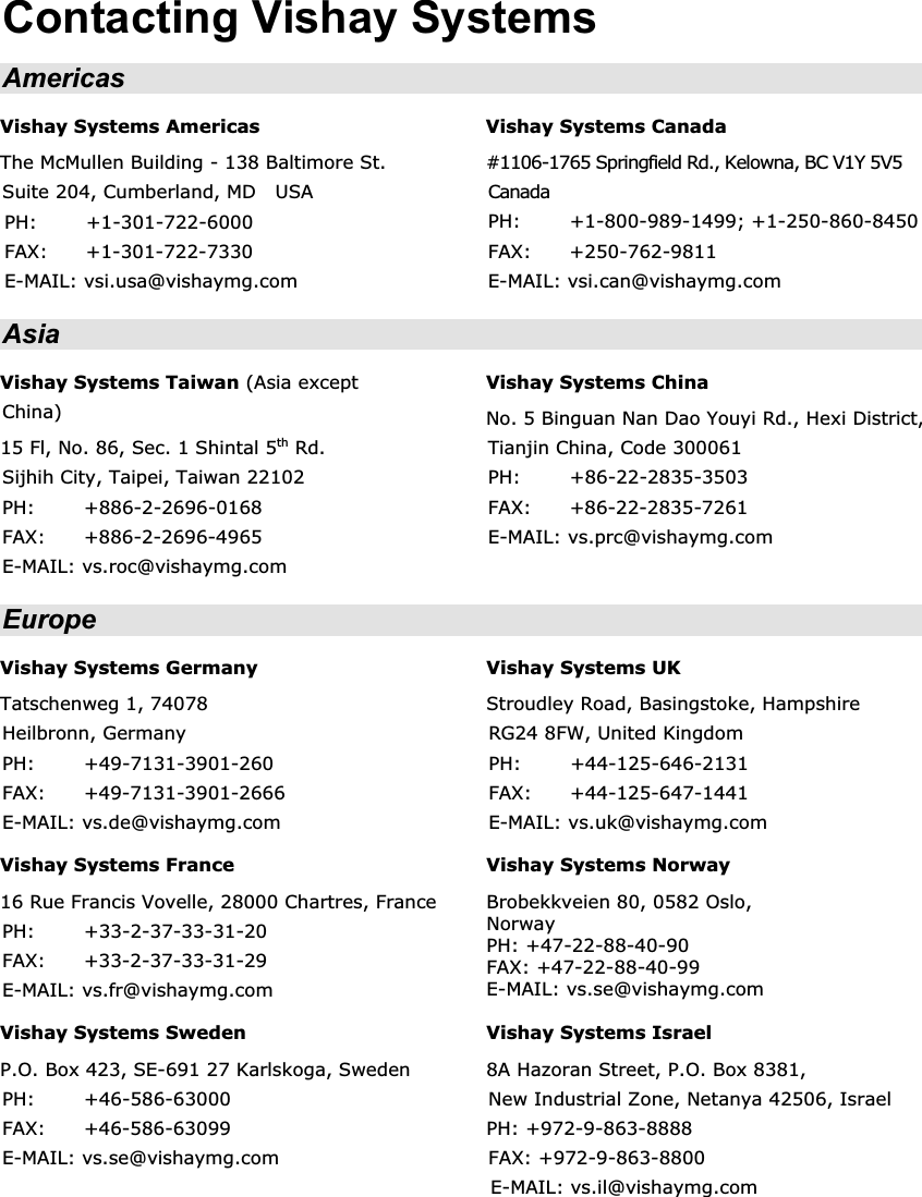 Contacting Vishay Systems Americas Vishay Systems AmericasThe McMullen Building - 138 Baltimore St.Suite 204, Cumberland, MD  USA PH: +1-301-722-6000FAX: +1-301-722-7330E-MAIL: vsi.usa@vishaymg.com Vishay Systems Canada #1106-1765 Springfield Rd., Kelowna, BC V1Y 5V5CanadaPH: +1-800-989-1499; +1-250-860-8450FAX:   +250-762-9811E-MAIL: vsi.can@vishaymg.com Asia Vishay Systems Taiwan (Asia except China) 15 Fl, No. 86, Sec. 1 Shintal 5th Rd. Sijhih City, Taipei, Taiwan 22102PH: +886-2-2696-0168 FAX: +886-2-2696-4965 E-MAIL: vs.roc@vishaymg.com Vishay Systems China No. 5 Binguan Nan Dao Youyi Rd., Hexi District, Tianjin China, Code 300061 PH: +86-22-2835-3503 FAX: +86-22-2835-7261 E-MAIL: vs.prc@vishaymg.com Europe Vishay Systems Germany Tatschenweg 1, 74078  Heilbronn, Germany PH: +49-7131-3901-260 FAX: +49-7131-3901-2666 E-MAIL: vs.de@vishaymg.com Vishay Systems UK Stroudley Road, Basingstoke, Hampshire RG24 8FW, United Kingdom PH: +44-125-646-2131 FAX: +44-125-647-1441 E-MAIL: vs.uk@vishaymg.com  Vishay Systems France 16 Rue Francis Vovelle, 28000 Chartres, France PH: +33-2-37-33-31-20 FAX: +33-2-37-33-31-29 E-MAIL: vs.fr@vishaymg.com Vishay Systems NorwayBrobekkveien 80, 0582 Oslo,NorwayPH: +47-22-88-40-90 FAX: +47-22-88-40-99 E-MAIL: vs.se@vishaymg.com Vishay Systems Sweden P.O. Box 423, SE-691 27 Karlskoga, Sweden PH: +46-586-63000 FAX: +46-586-63099 E-MAIL: vs.se@vishaymg.com Vishay Systems Israel8A Hazoran Street, P.O. Box 8381,New Industrial Zone, Netanya 42506, IsraelPH: +972-9-863-8888FAX: +972-9-863-8800E-MAIL: vs.il@vishaymg.com 