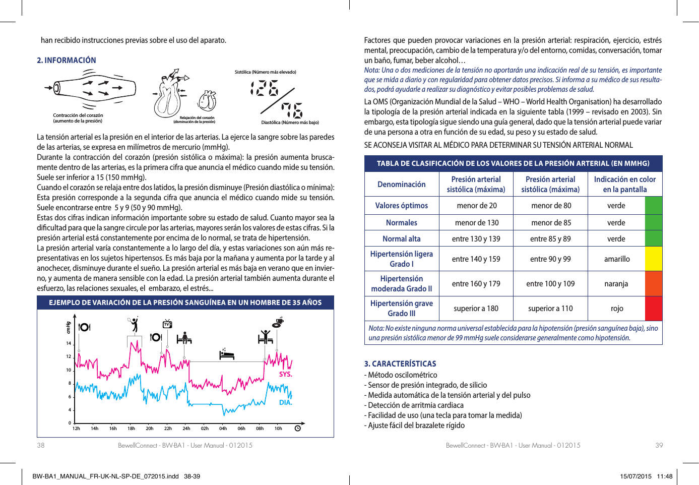 BewellConnect - BW-BA1 - User Manual - 012015 BewellConnect - BW-BA1 - User Manual - 01201538 39han recibido instrucciones previas sobre el uso del aparato.2. INFORMACIÓNContracción del corazón (aumento de la presión) Relajación del corazón (disminución de la presión)Sistólica (Número más elevado)Diastólica (Número más bajo)La tensión arterial es la presión en el interior de las arterias. La ejerce la sangre sobre las paredes de las arterias, se expresa en milímetros de mercurio (mmHg).Durante la contracción del corazón (presión sistólica o máxima): la presión aumenta brusca-mente dentro de las arterias, es la primera cifra que anuncia el médico cuando mide su tensión. Suele ser inferior a 15 (150 mmHg). Cuando el corazón se relaja entre dos latidos, la presión disminuye (Presión diastólica o mínima): Esta presión corresponde a la segunda cifra que anuncia el médico cuando mide su tensión. Suele encontrarse entre  5 y 9 (50 y 90 mmHg). Estas dos cifras indican información importante sobre su estado de salud. Cuanto mayor sea la dicultad para que la sangre circule por las arterias, mayores serán los valores de estas cifras. Si la presión arterial está constantemente por encima de lo normal, se trata de hipertensión.La presión arterial varía constantemente a lo largo del día, y estas variaciones son aún más re-presentativas en los sujetos hipertensos. Es más baja por la mañana y aumenta por la tarde y al anochecer, disminuye durante el sueño. La presión arterial es más baja en verano que en invier-no, y aumenta de manera sensible con la edad. La presión arterial también aumenta durante el esfuerzo, las relaciones sexuales, el  embarazo, el estrés... EJEMPLO DE VARIACIÓN DE LA PRESIÓN SANGUÍNEA EN UN HOMBRE DE 35 AÑOScmHg12h046810121414h 16h 18h 20h 22h 24h 02h 04h 06h 08h 10hTVSYS.DIA.Factores que pueden provocar variaciones en la presión arterial: respiración, ejercicio, estrés mental, preocupación, cambio de la temperatura y/o del entorno, comidas, conversación, tomar un baño, fumar, beber alcohol…Nota: Una o dos mediciones de la tensión no aportarán una indicación real de su tensión, es importante que se mida a diario y con regularidad para obtener datos precisos. Si informa a su médico de sus resulta-dos, podrá ayudarle a realizar su diagnóstico y evitar posibles problemas de salud. La OMS (Organización Mundial de la Salud – WHO – World Health Organisation) ha desarrollado la tipología de la presión arterial indicada en la siguiente tabla (1999 – revisado en 2003). Sin embargo, esta tipología sigue siendo una guía general, dado que la tensión arterial puede variar de una persona a otra en función de su edad, su peso y su estado de salud. SE ACONSEJA VISITAR AL MÉDICO PARA DETERMINAR SU TENSIÓN ARTERIAL NORMALTABLA DE CLASIFICACIÓN DE LOS VALORES DE LA PRESIÓN ARTERIAL EN MMHGDenominación Presión arterial sistólica (máxima)Presión arterial sistólica (máxima)Indicación en color en la pantallaValores óptimos  menor de 20  menor de 80 verdeNormales  menor de 130  menor de 85 verdeNormal alta entre 130 y 139 entre 85 y 89 verdeHipertensión ligera Grado I entre 140 y 159 entre 90 y 99  amarilloHipertensión moderada Grado II entre 160 y 179 entre 100 y 109 naranjaHipertensión grave Grado III superior a 180 superior a 110  rojoNota: No existe ninguna norma universal establecida para la hipotensión (presión sanguínea baja), sino una presión sistólica menor de 99 mmHg suele considerarse generalmente como hipotensión. 3. CARACTERÍSTICAS - Método oscilométrico- Sensor de presión integrado, de silicio- Medida automática de la tensión arterial y del pulso- Detección de arritmia cardiaca - Facilidad de uso (una tecla para tomar la medida)- Ajuste fácil del brazalete rígidoBW-BA1_MANUAL_FR-UK-NL-SP-DE_072015.indd   38-39 15/07/2015   11:48