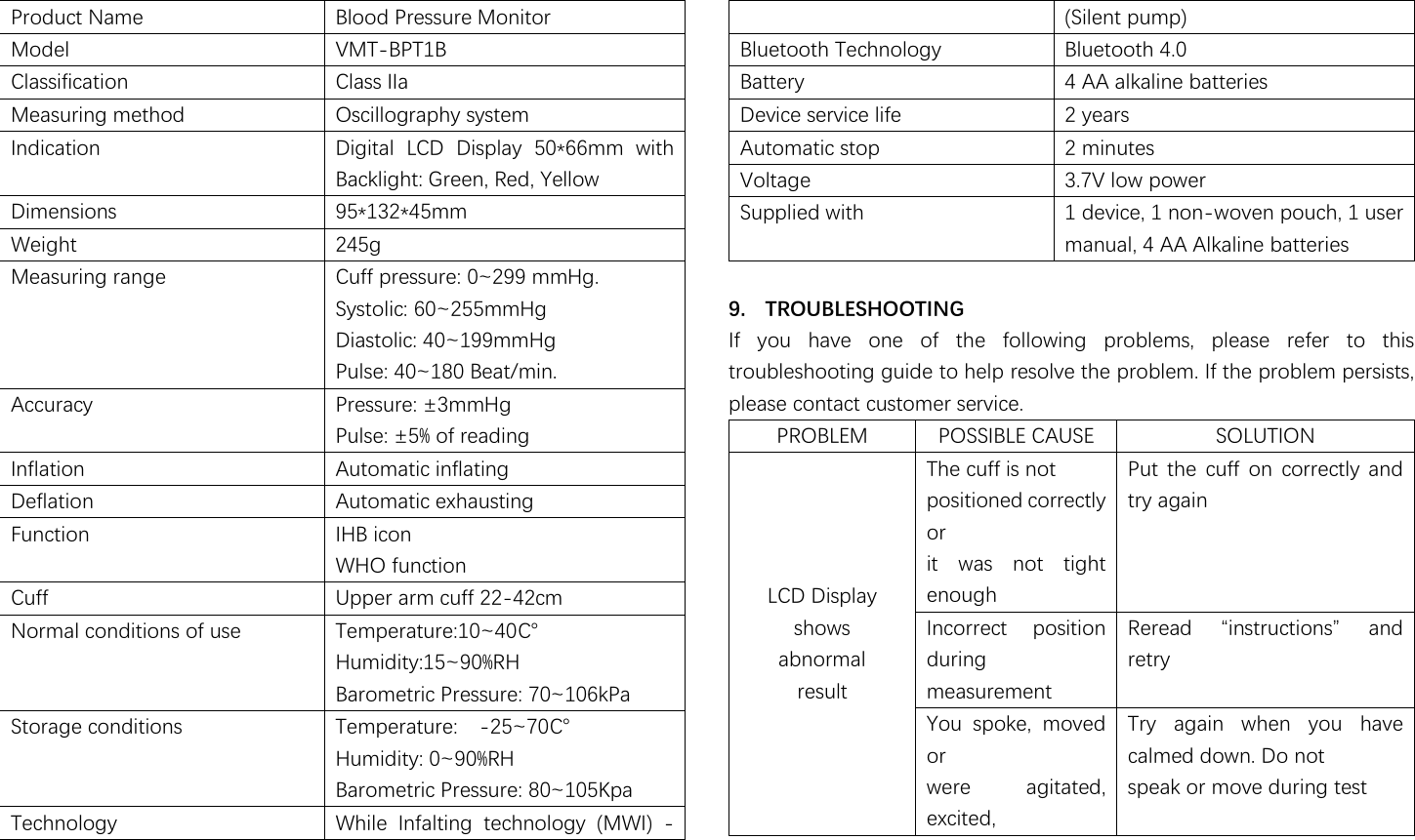                                                               Product Name Blood Pressure Monitor Model VMT-BPT1B Classification Class IIa Measuring method Oscillography system Indication Digital  LCD  Display  50*66mm  with Backlight: Green, Red, Yellow Dimensions 95*132*45mm Weight 245g Measuring range Cuff pressure: 0~299 mmHg. Systolic: 60~255mmHg Diastolic: 40~199mmHg Pulse: 40~180 Beat/min. Accuracy 濣瀅濸瀆瀆瀈瀅濸濍澳瀾濆瀀瀀濛濺 濣瀈濿瀆濸濍澳瀾濈澸澳瀂濹澳瀅濸濴濷濼瀁濺 Inflation Automatic inflating Deflation Automatic exhausting Function IHB icon WHO function Cuff Upper arm cuff 22-42cm Normal conditions of use   Temperature:10~40燠 Humidity:15~90%RH Barometric Pressure: 70~106kPa Storage conditions Temperature:    -25~70燠 Humidity: 0~90%RH Barometric Pressure: 80~105Kpa Technology While  Infalting  technology  (MWI)  - (Silent pump) Bluetooth Technology Bluetooth 4.0 Battery 4 AA alkaline batteries Device service life 2 years Automatic stop 2 minutes Voltage 3.7V low power Supplied with 1 device, 1 non-woven pouch, 1 user manual, 4 AA Alkaline batteries  9. TROUBLESHOOTING If  you  have  one  of  the  following  problems,  please  refer  to  this troubleshooting guide to help resolve the problem. If the problem persists, please contact customer service. PROBLEM POSSIBLE CAUSE SOLUTION LCD Display shows abnormal result The cuff is not positioned correctly or it  was  not  tight enough Put  the  cuff  on  correctly  and try again Incorrect  position during measurement 濥濸瀅濸濴濷澳 瀡濼瀁瀆瀇瀅瀈濶瀇濼瀂瀁瀆瀢澳 濴瀁濷澳retry You  spoke,  moved or were  agitated, excited, Try  again  when  you  have calmed down. Do not speak or move during test 