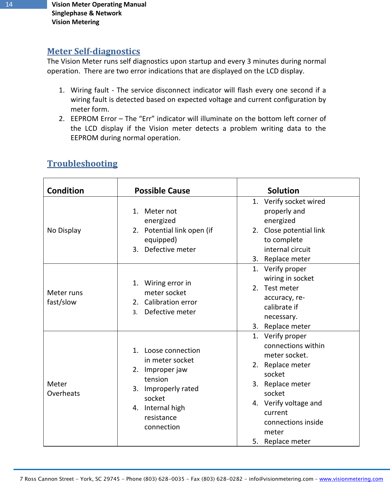   7 Ross Cannon Street - York, SC 29745 - Phone (803) 628-0035 - Fax (803) 628-0282 - info@visionmetering.com – www.visionmetering.com           14 Vision Meter Operating Manual Singlephase &amp; Network Vision Metering  Meter Self-diagnostics The Vision Meter runs self diagnostics upon startup and every 3 minutes during normal operation.  There are two error indications that are displayed on the LCD display.   1. Wiring fault  - The service disconnect indicator will flash every one  second if a wiring fault is detected based on expected voltage and current configuration by meter form.   2. EEPROM Error – The “Err” indicator will illuminate on the bottom left corner of the  LCD  display  if  the  Vision  meter  detects  a  problem  writing  data  to  the EEPROM during normal operation.  Troubleshooting  Condition Possible Cause Solution No Display  1. Meter not energized 2. Potential link open (if equipped) 3. Defective meter 1. Verify socket wired properly and energized 2. Close potential link to complete internal circuit 3. Replace meter Meter runs fast/slow 1. Wiring error in meter socket 2. Calibration error 3. Defective meter 1. Verify proper wiring in socket 2. Test meter accuracy, re-calibrate if necessary. 3. Replace meter Meter Overheats 1. Loose connection in meter socket 2. Improper jaw tension 3. Improperly rated socket 4. Internal high resistance connection  1. Verify proper connections within meter socket.  2. Replace meter socket 3. Replace meter socket  4. Verify voltage and current connections inside meter 5. Replace meter 