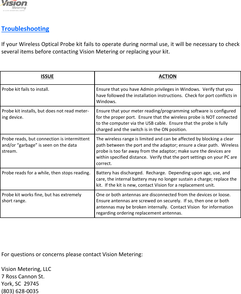                                                                                                         7                                                                                     12/6/2013  Troubleshooting  If your Wireless Optical Probe kit fails to operate during normal use, it will be necessary to check several items before contacting Vision Metering or replacing your kit.  ISSUE  ACTION Probe kit fails to install.  Ensure that you have Admin privileges in Windows.  Verify that you have followed the installation instructions.  Check for port conflicts in Windows. Probe kit installs, but does not read meter-ing device. Ensure that your meter reading/programming software is configured for the proper port.  Ensure that the wireless probe is NOT connected to the computer via the USB cable.  Ensure that the probe is fully charged and the switch is in the ON position. Probe reads, but connection is intermittent and/or “garbage” is seen on the data stream.  The wireless range is limited and can be affected by blocking a clear path between the port and the adaptor; ensure a clear path.  Wireless probe is too far away from the adaptor; make sure the devices are within specified distance.  Verify that the port settings on your PC are correct. Probe reads for a while, then stops reading.  Battery has discharged.  Recharge.  Depending upon age, use, and care, the internal battery may no longer sustain a charge; replace the kit.  If the kit is new, contact Vision for a replacement unit. Probe kit works fine, but has extremely short range. One or both antennas are disconnected from the devices or loose.  Ensure antennas are screwed on securely.  If so, then one or both antennas may be broken internally.  Contact Vision  for information regarding ordering replacement antennas. For questions or concerns please contact Vision Metering:  Vision Metering, LLC 7 Ross Cannon St. York, SC  29745 (803) 628-0035 