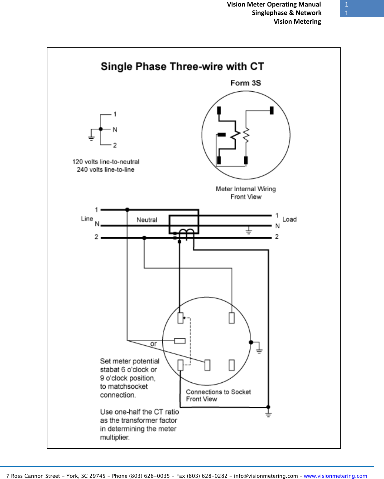   7 Ross Cannon Street - York, SC 29745 - Phone (803) 628-0035 - Fax (803) 628-0282 - info@visionmetering.com – www.visionmetering.com           11             Vision Meter Operating Manual        Singlephase &amp; Network Vision Metering                                               