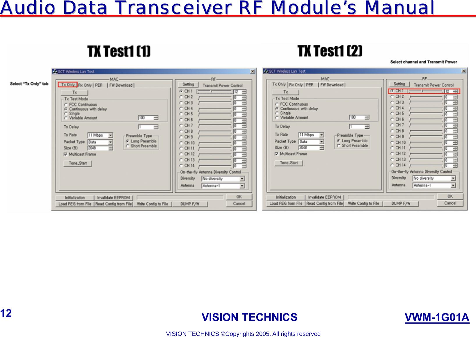 AAuuddiioo  DDaattaa  TTrraannsscceeiivveerr  RRFF  MMoodduullee’’ss  MMaannuuaall                                                                             VISION TECHNICS                    VWM-1G01A  VISION TECHNICS ©Copyrights 2005. All rights reserved 12            