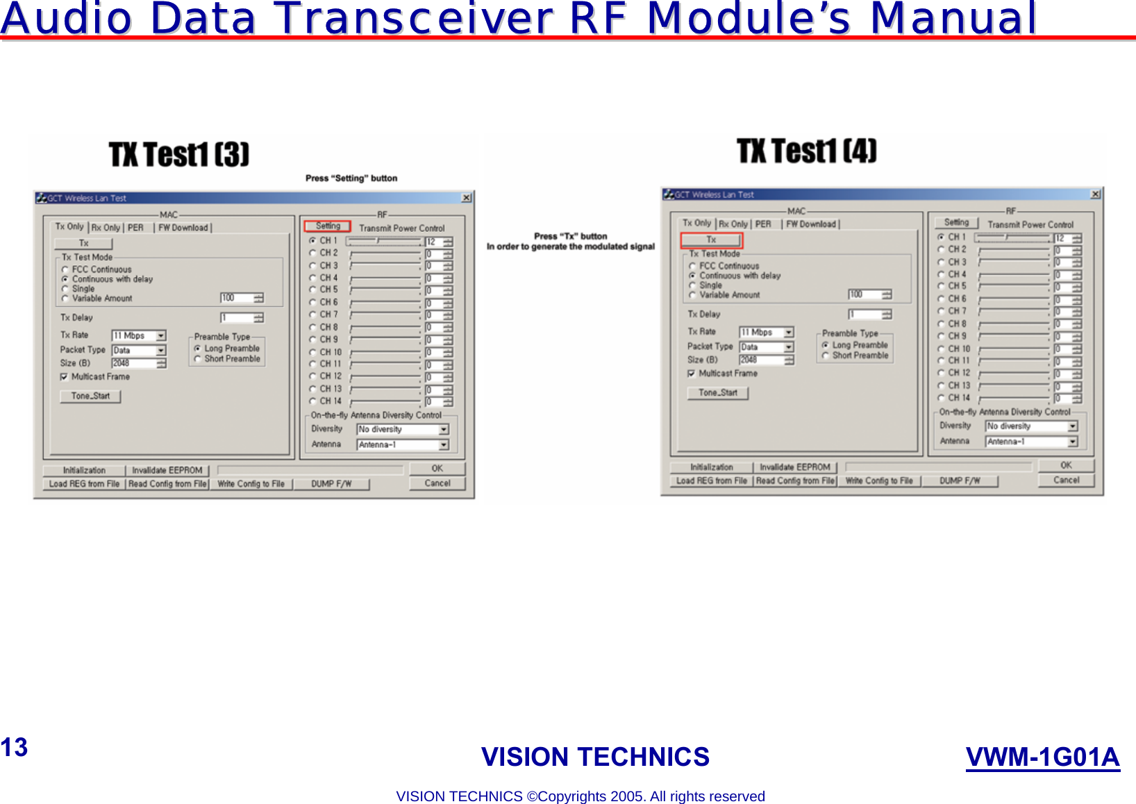 AAuuddiioo  DDaattaa  TTrraannsscceeiivveerr  RRFF  MMoodduullee’’ss  MMaannuuaall                                                                             VISION TECHNICS                    VWM-1G01A  VISION TECHNICS ©Copyrights 2005. All rights reserved 13             