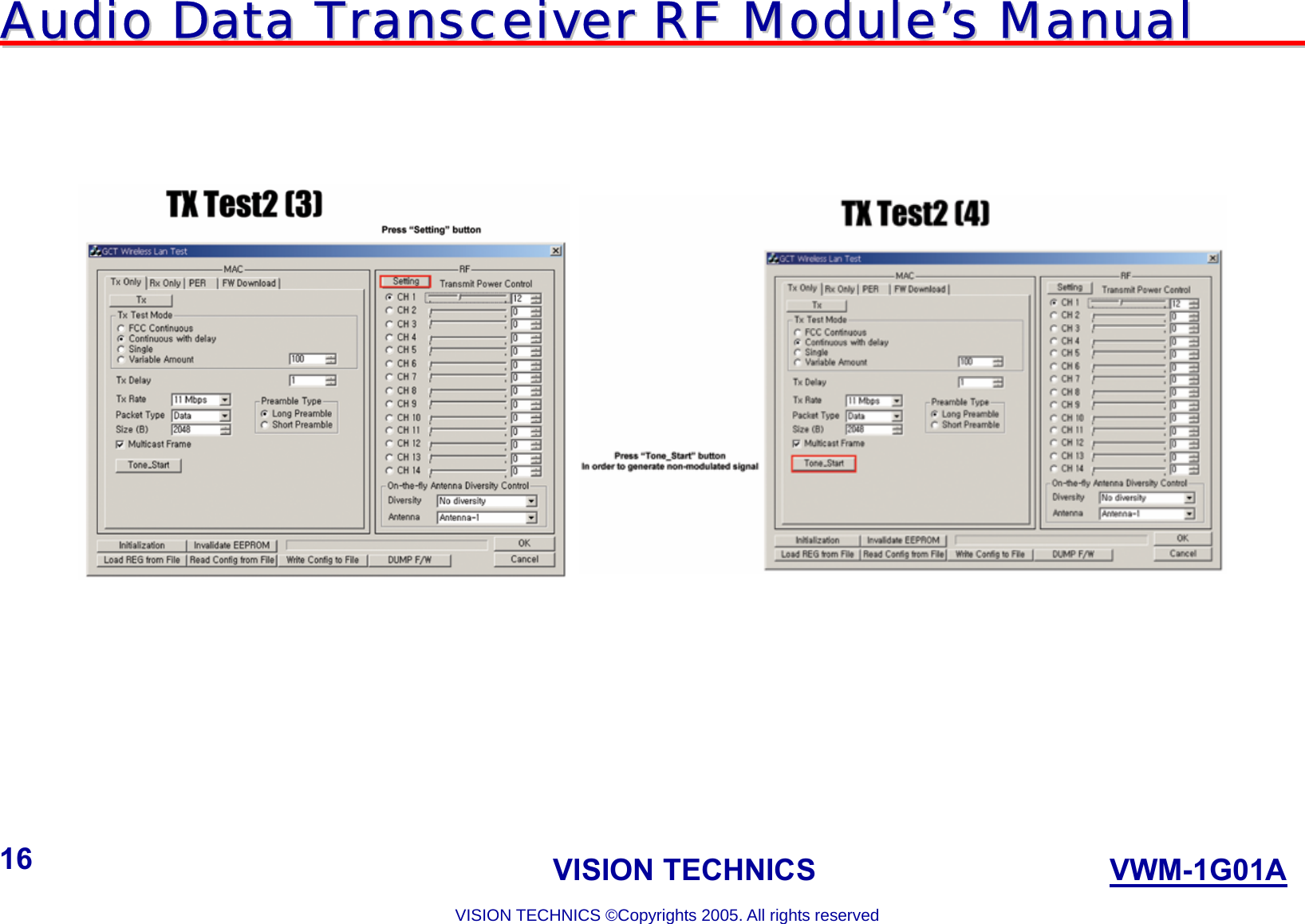 AAuuddiioo  DDaattaa  TTrraannsscceeiivveerr  RRFF  MMoodduullee’’ss  MMaannuuaall                                                                             VISION TECHNICS                    VWM-1G01A  VISION TECHNICS ©Copyrights 2005. All rights reserved 16              