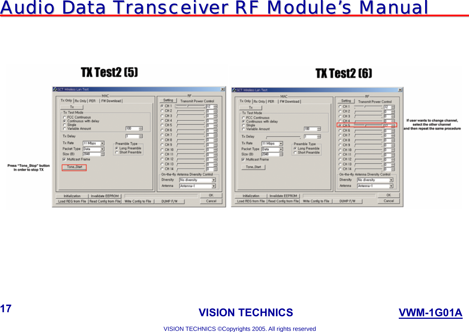 AAuuddiioo  DDaattaa  TTrraannsscceeiivveerr  RRFF  MMoodduullee’’ss  MMaannuuaall                                                                             VISION TECHNICS                    VWM-1G01A  VISION TECHNICS ©Copyrights 2005. All rights reserved 17              