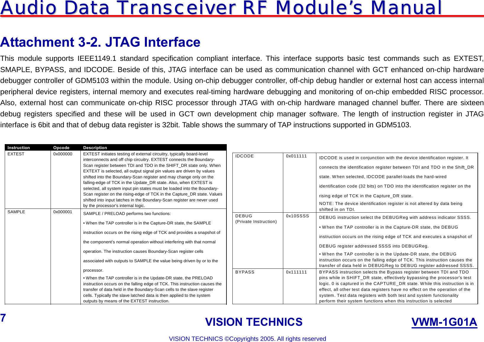 AAuuddiioo  DDaattaa  TTrraannsscceeiivveerr  RRFF  MMoodduullee’’ss  MMaannuuaall                                                                             VISION TECHNICS                    VWM-1G01A  VISION TECHNICS ©Copyrights 2005. All rights reserved 7  Attachment 3-2. JTAG Interface This module supports IEEE1149.1 standard specification compliant interface. This interface supports basic test commands such as EXTEST, SMAPLE, BYPASS, and IDCODE. Beside of this, JTAG interface can be used as communication channel with GCT enhanced on-chip hardware debugger controller of GDM5103 within the module. Using on-chip debugger controller, off-chip debug handler or external host can access internal peripheral device registers, internal memory and executes real-timing hardware debugging and monitoring of on-chip embedded RISC processor. Also, external host can communicate on-chip RISC processor through JTAG with on-chip hardware managed channel buffer. There are sixteen debug registers specified and these will be used in GCT own development chip manager software. The length of instruction register in JTAG interface is 6bit and that of debug data register is 32bit. Table shows the summary of TAP instructions supported in GDM5103.  Instruction  Opcode  Description EXTEST  0x000000  EXTEST initiates testing of external circuitry, typically board-level interconnects and off chip circuitry. EXTEST connects the Boundary-Scan register between TDI and TDO in the SHIFT_DR state only. When EXTEXT is selected, all output signal pin values are driven by values shifted into the Boundary-Scan register and may change only on the falling-edge of TCK in the Update_DR state. Also, when EXTEST is selected, all system input pin states must be loaded into the Boundary-Scan register on the rising-edge of TCK in the Capture_DR state. Values shifted into input latches in the Boundary-Scan register are never used by the processor’s internal logic. SAMPLE 0x000001 SAMPLE / PRELOAD performs two functions: • When the TAP controller is in the Capture-DR state, the SAMPLE instruction occurs on the rising edge of TCK and provides a snapshot of the component’s normal operation without interfering with that normal operation. The instruction causes Boundary-Scan register cells associated with outputs to SAMPLE the value being driven by or to the processor. • When the TAP controller is in the Update-DR state, the PRELOAD instruction occurs on the falling edge of TCK. This instruction causes the transfer of data held in the Boundary-Scan cells to the slave register cells. Typically the slave latched data is then applied to the system outputs by means of the EXTEST instruction. IDCODE 0x011111 IDCODE is used in conjunction with the device identification register. It connects the identification register between TDI and TDO in the Shift_DR state. When selected, IDCODE parallel-loads the hard-wired identification code (32 bits) on TDO into the identification register on the rising edge of TCK in the Capture_DR state. NOTE: The device identification register is not altered by data being shifted in on TDI. DEBUG (Private Instruction) 0x10SSSS  DEBUG instruction select the DEBUGReg with address indicator SSSS. • When the TAP controller is in the Capture-DR state, the DEBUG instruction occurs on the rising edge of TCK and executes a snapshot of DEBUG register addressed SSSS into DEBUGReg. • When the TAP controller is in the Update-DR state, the DEBUG instruction occurs on the falling edge of TCK. This instruction causes the transfer of data held in DEBUGReg to DEBUG register addressed SSSS. BYPASS  0x111111  BYPASS instruction selects the Bypass register between TDI and TDO pins while in SHIFT_DR state, effectively bypassing the processor’s test logic. 0 is captured in the CAPTURE_DR state. While this instruction is in effect, all other test data registers have no effect on the operation of the system. Test data registers with both test and system functionality perform their system functions when this instruction is selected   