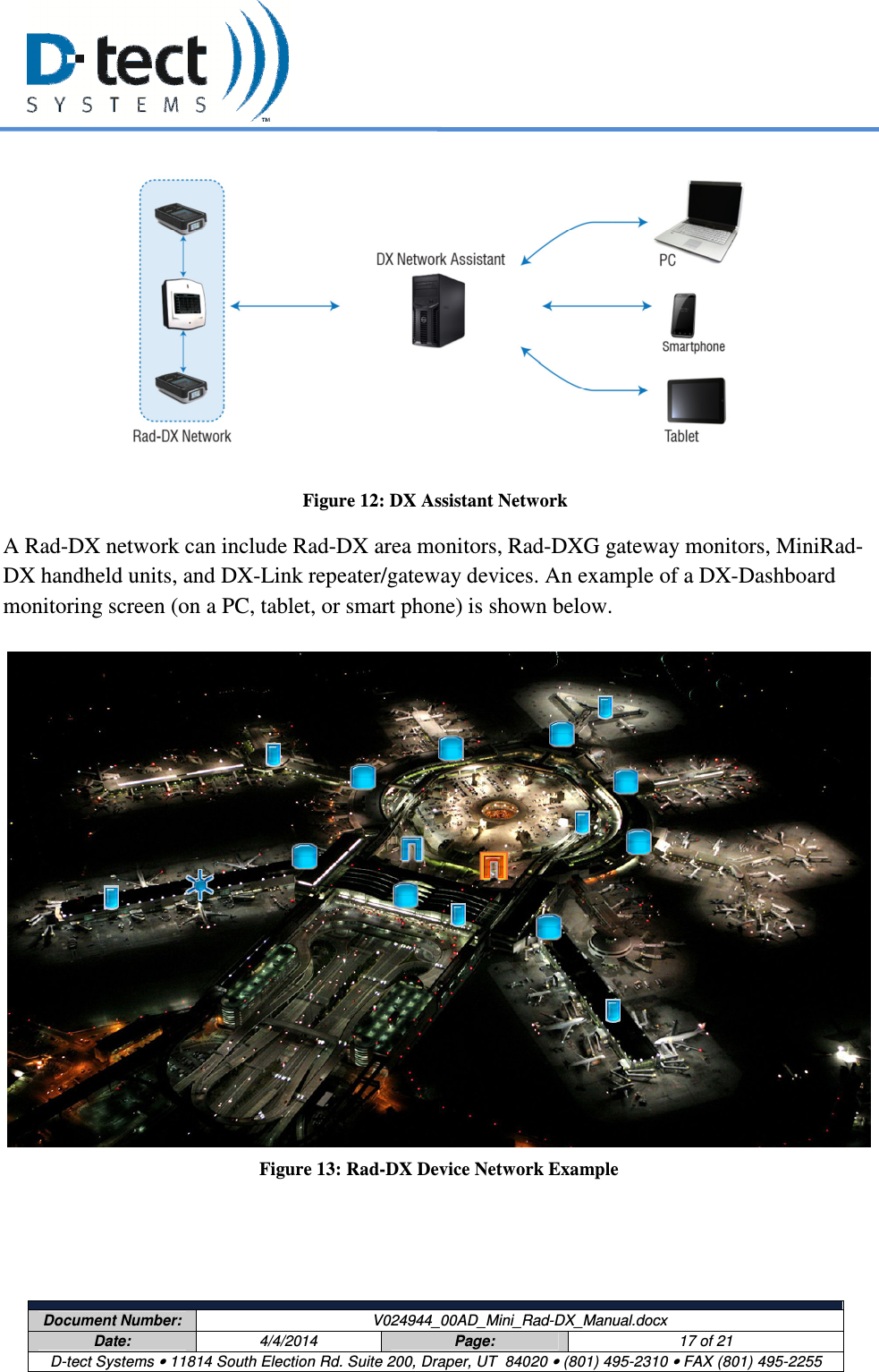     Document Number:  V024944_00AD_Mini_Rad-DX_Manual.docx Date:  4/4/2014  Page:  17 of 21 D-tect Systems • 11814 South Election Rd. Suite 200, Draper, UT  84020 • (801) 495-2310 • FAX (801) 495-2255   Figure 12: DX Assistant Network A Rad-DX network can include Rad-DX area monitors, Rad-DXG gateway monitors, MiniRad-DX handheld units, and DX-Link repeater/gateway devices. An example of a DX-Dashboard monitoring screen (on a PC, tablet, or smart phone) is shown below.   Figure 13: Rad-DX Device Network Example   