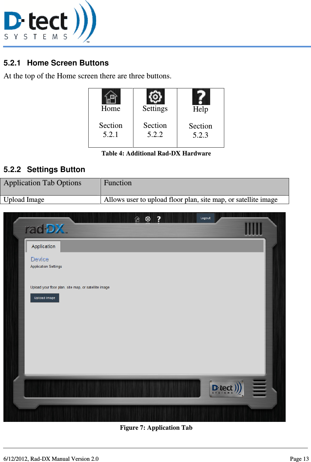   6/12/2012, Rad-DX Manual Version 2.0  Page 13 5.2.1  Home Screen Buttons At the top of the Home screen there are three buttons.  Home Section 5.2.1  Settings Section 5.2.2  Help Section 5.2.3 Table 4: Additional Rad-DX Hardware 5.2.2  Settings Button Application Tab Options  Function Upload Image  Allows user to upload floor plan, site map, or satellite image   Figure 7: Application Tab 