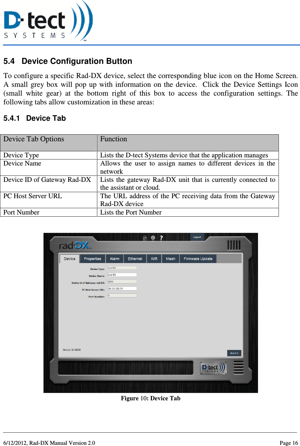   6/12/2012, Rad-DX Manual Version 2.0  Page 16 5.4  Device Configuration Button To configure a specific Rad-DX device, select the corresponding blue icon on the Home Screen. A small  grey box  will pop up with information  on the device.   Click the Device Settings  Icon (small  white  gear)  at  the  bottom  right  of  this  box  to  access  the  configuration  settings.  The following tabs allow customization in these areas: 5.4.1  Device Tab  Device Tab Options  Function Device Type  Lists the D-tect Systems device that the application manages Device Name  Allows  the  user  to  assign  names  to  different  devices  in  the network Device ID of Gateway Rad-DX  Lists  the  gateway Rad-DX  unit that is  currently connected to the assistant or cloud. PC Host Server URL  The URL address of the PC receiving data from the Gateway Rad-DX device Port Number  Lists the Port Number   Figure 10: Device Tab 