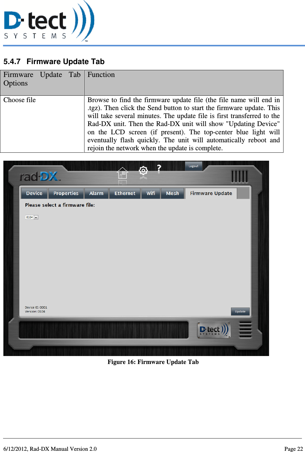   6/12/2012, Rad-DX Manual Version 2.0  Page 22 5.4.7  Firmware Update Tab Firmware  Update  Tab Options Function Choose file  Browse to find the firmware update file (the file name will end in .tgz). Then click the Send button to start the firmware update. This will take several minutes. The update file is first transferred to the Rad-DX unit. Then the Rad-DX unit will show &quot;Updating Device&quot; on  the  LCD  screen  (if  present).  The  top-center  blue  light  will eventually  flash  quickly.  The  unit  will  automatically  reboot  and rejoin the network when the update is complete.   Figure 16: Firmware Update Tab   