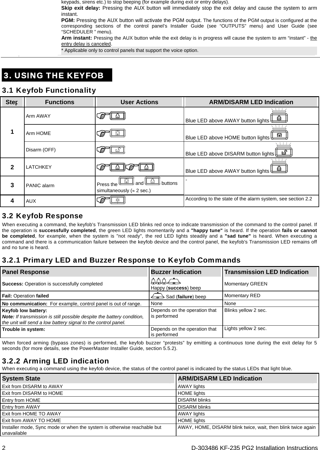  2  D-303486 KF-235 PG2 Installation Instructions keypads, sirens etc.) to stop beeping (for example during exit or entry delays). Skip exit delay: Pressing the AUX button will immediately stop the exit delay and cause the system to arm instant. PGM: Pressing the AUX button will activate the PGM output. The functions of the PGM output is configured at the corresponding sections of the control panel’s Installer Guide (see “OUTPUTS” menu) and User Guide (see “SCHEDULER ” menu). Arm instant: Pressing the AUX button while the exit delay is in progress will cause the system to arm “instant” - the entry delay is canceled.  * Applicable only to control panels that support the voice option.    3. USING THE KEYFOB 3.1 Keyfob Functionality Step  Functions  User Actions  ARM/DISARM LED Indication Arm AWAY      Blue LED above AWAY button lights   Arm HOME     Blue LED above HOME button lights   1 Disarm (OFF)  Blue LED above DISARM button lights   2 LATCHKEY   Blue LED above AWAY button lights   3 PANIC alarm  Press the   and   buttons simultaneously ( 2 sec.) - 4  AUX   According to the state of the alarm system, see section 2.2 3.2 Keyfob Response When executing a command, the keyfob&apos;s Transmission LED blinks red once to indicate transmission of the command to the control panel. If the operation is successfully completed, the green LED lights momentarily and a &quot;happy tune&quot; is heard. If the operation fails or cannot be completed, for example, when the system is &quot;not ready&quot;, the red LED lights steadily and a &quot;sad tune&quot; is heard. When executing a command and there is a communication failure between the keyfob device and the control panel, the keyfob&apos;s Transmission LED remains off and no tune is heard. 3.2.1 Primary LED and Buzzer Response to Keyfob Commands Panel Response  Buzzer Indication  Transmission LED Indication Success: Operation is successfully completed  Happy (success) beep  Momentary GREEN Fail: Operation failed   Sad (failure) beep Momentary RED No communication:  For example, control panel is out of range.  None None Keyfob low battery: Note: If transmission is still possible despite the battery condition, the unit will send a low battery signal to the control panel. Depends on the operation that is performed  Blinks yellow 2 sec. Trouble in system:  Depends on the operation that is performed Lights yellow 2 sec. When forced arming (bypass zones) is performed, the keyfob buzzer “protests” by emitting a continuous tone during the exit delay for 5 seconds (for more details, see the PowerMaster Installer Guide, section 5.5.2). 3.2.2 Arming LED indication When executing a command using the keyfob device, the status of the control panel is indicated by the status LEDs that light blue. System State  ARM/DISARM LED Indication Exit from DISARM to AWAY  AWAY lights Exit from DISARM to HOME  HOME lights Entry from HOME  DISARM blinks Entry from AWAY  DISARM blinks Exit from HOME TO AWAY   AWAY lights Exit from AWAY TO HOME   HOME lights Installer mode, Sync mode or when the system is otherwise reachable but unavailable  AWAY, HOME, DISARM blink twice, wait, then blink twice again  