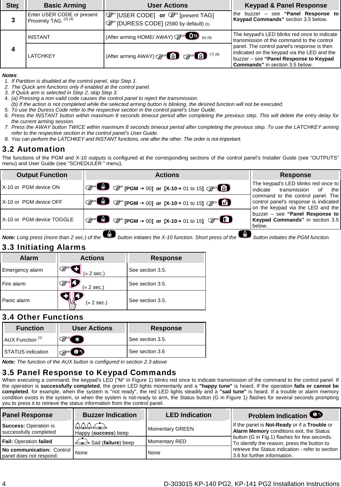 4  D-303015 KP-140 PG2, KP-141 PG2 Installation Instructions Step  Basic Arming  User Actions  Keypad &amp; Panel Response 3 Enter USER CODE or present Proximity TAG. (3) (4)  [USER CODE]   or    [present TAG]  [DURESS CODE] (2580 by default) (5)   the buzzer – see “Panel Response to Keypad Commands” section 3.5 below.  INSTANT  (After arming HOME/ AWAY)   (6) (8) 4 LATCHKEY  (After arming AWAY)     (7) (8)    The keypad&apos;s LED blinks red once to indicate transmission of the command to the control panel. The control panel&apos;s response is then indicated on the keypad via the LED and the buzzer – see “Panel Response to Keypad Commands” in section 3.5 below. Notes: 1.  If Partition is disabled at the control panel, skip Step 1. 2.  The Quick arm functions only if enabled at the control panel. 3.  If Quick arm is selected in Step 2, skip Step 3. 4.  (a) Pressing a non-valid code causes the control panel to reject the transmission. (b) If the action is not completed while the selected arming button is blinking, the desired function will not be executed. 5.  To use the Duress Code refer to the respective section in the control panel’s User Guide. 6. Press the INSTANT button within maximum 8 seconds timeout period after completing the previous step. This will delete the entry delay for the current arming session. 7.  Press the AWAY button TWICE within maximum 8 seconds timeout period after completing the previous step. To use the LATCHKEY arming refer to the respective section in the control panel’s User Guide. 8.  You can perform the LATCHKEY and INSTANT functions, one after the other. The order is not important. 3.2 Automation The functions of the PGM and X-10 outputs is configured at the corresponding sections of the control panel’s Installer Guide (see “OUTPUTS” menu) and User Guide (see “SCHEDULER ” menu). Output Function   Actions  Response X-10 or  PGM device ON      [PGM  00]  or  [X-10 01 to 15]       X-10 or  PGM device OFF       [PGM  00]  or  [X-10 01 to 15]    X-10 or  PGM device TOGGLE       [PGM  00]  or  [X-10 01 to 15]     The keypad&apos;s LED blinks red once to indicate transmission of the command to the control panel. The control panel&apos;s response is indicated on the keypad via the LED and the buzzer – see “Panel Response to Keypad Commands” in section 3.5 below. Note: Long press (more than 2 sec.) of the   button initiates the X-10 function. Short press of the   button initiates the PGM function. 3.3 Initiating Alarms Alarm  Actions  Response Emergency alarm   ( 2 sec.)  See section 3.5. Fire alarm   ( 2 sec.)  See section 3.5. Panic alarm   ( 2 sec.) See section 3.5. 3.4 Other Functions Function  User Actions  Response AUX Function (1)   See section 3.5.  STATUS indication         See section 3.6 Note: The function of the AUX button is configured in section 2.3 above 3.5 Panel Response to Keypad Commands When executing a command, the keypad&apos;s LED (&quot;M&quot; in Figure 1) blinks red once to indicate transmission of the command to the control panel. If the operation is successfully completed, the green LED lights momentarily and a &quot;happy tune&quot; is heard. If the operation fails or cannot be completed, for example, when the system is &quot;not ready&quot;, the red LED lights steadily and a &quot;sad tune&quot; is heard. If a trouble or alarm memory condition exists in the system, or when the system is not-ready to arm, the Status button (G in Figure 1) flashes for several seconds prompting you to press it to retrieve the status information from the control panel. Panel Response  Buzzer Indication  LED Indication  Problem Indication   Success: Operation is successfully completed  Happy (success) beep  Momentary GREEN Fail: Operation failed   Sad (failure) beep Momentary RED No communication:  Control panel does not respond.  None None If the panel is Not-Ready or if a Trouble or Alarm Memory conditions exit, the Status button (G in Fig.1) flashes for few seconds. To identify the reason, press the button to retrieve the Status indication - refer to section 3.6 for further information. 