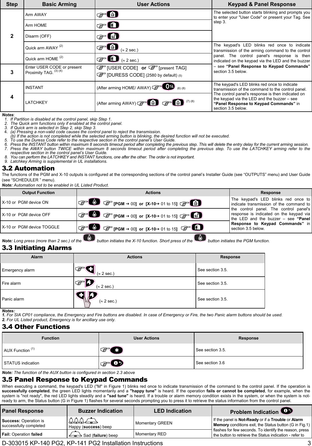 D-303015 KP-140 PG2, KP-141 PG2 Installation Instructions  3 Step  Basic Arming  User Actions  Keypad &amp; Panel Response 2 Arm AWAY      The selected button starts blinking and prompts you to enter your &quot;User Code&quot; or present your Tag. See step 3. Arm HOME    Disarm (OFF)  Quick arm AWAY (2)  ( 2 sec.) The keypad&apos;s LED blinks red once to indicate transmission of the arming command to the control panel. The control panel&apos;s response is then indicated on the keypad via the LED and the buzzer – see “Panel Response to Keypad Commands” section 3.5 below.  Quick arm HOME (2)  ( 2 sec.)  3 Enter USER CODE or present Proximity TAG. (3) (4)  [USER CODE]   or    [present TAG]  [DURESS CODE] (2580 by default) (5)   4 INSTANT  (After arming HOME/ AWAY)   (6) (8) The keypad&apos;s LED blinks red once to indicate transmission of the command to the control panel. The control panel&apos;s response is then indicated on the keypad via the LED and the buzzer – see “Panel Response to Keypad Commands” in section 3.5 below. LATCHKEY  (After arming AWAY)     (7) (8)    Notes: 1.  If Partition is disabled at the control panel, skip Step 1. 2.  The Quick arm functions only if enabled at the control panel. 3.  If Quick arm is selected in Step 2, skip Step 3. 4.  (a) Pressing a non-valid code causes the control panel to reject the transmission. (b) If the action is not completed while the selected arming button is blinking, the desired function will not be executed. 5.  To use the Duress Code refer to the respective section in the control panel’s User Guide. 6.  Press the INSTANT button within maximum 8 seconds timeout period after completing the previous step. This will delete the entry delay for the current arming session. 7.  Press the AWAY button TWICE within maximum 8 seconds timeout period after completing the previous step. To use the LATCHKEY arming refer to the respective section in the control panel’s User Guide. 8.  You can perform the LATCHKEY and INSTANT functions, one after the other. The order is not important. 9.  Latchkey Arming is supplemental in UL installations. 3.2 Automation The functions of the PGM and X-10 outputs is configured at the corresponding sections of the control panel’s Installer Guide (see “OUTPUTS” menu) and User Guide (see “SCHEDULER ” menu). Note: Automation not to be enabled in UL Listed Product. Output Function   Actions  Response X-10 or  PGM device ON      [PGM  00]  or  [X-10 01 to 15]   The keypad&apos;s LED blinks red once to indicate transmission of the command to the control panel. The control panel&apos;s response is indicated on the keypad via the LED and the buzzer – see “Panel Response to Keypad Commands” in section 3.5 below. X-10 or  PGM device OFF       [PGM  00]  or  [X-10 01 to 15] X-10 or  PGM device TOGGLE       [PGM  00]  or  [X-10 01 to 15] Note: Long press (more than 2 sec.) of the   button initiates the X-10 function. Short press of the   button initiates the PGM function. 3.3 Initiating Alarms Alarm  Actions  Response Emergency alarm   ( 2 sec.)  See section 3.5. Fire alarm   ( 2 sec.)  See section 3.5. Panic alarm   ( 2 sec.) See section 3.5. Notes: 1. For SIA CP01 compliance, the Emergency and Fire buttons are disabled. In case of Emergency or Fire, the two Panic alarm buttons should be used. 2. For UL Listed product, Emergency is for ancillary use only. 3.4 Other Functions Function  User Actions  Response AUX Function (1)   See section 3.5.  STATUS indication         See section 3.6  Note: The function of the AUX button is configured in section 2.3 above 3.5 Panel Response to Keypad Commands When executing a command, the keypad&apos;s LED (&quot;M&quot; in Figure 1) blinks red once to indicate transmission of the command to the control panel. If the operation is successfully completed, the green LED lights momentarily and a &quot;happy tune&quot; is heard. If the operation fails or cannot be completed, for example, when the system is &quot;not ready&quot;, the red LED lights steadily and a &quot;sad tune&quot; is heard. If a trouble or alarm memory condition exists in the system, or when the system is not-ready to arm, the Status button (G in Figure 1) flashes for several seconds prompting you to press it to retrieve the status information from the control panel. Panel Response  Buzzer Indication  LED Indication  Problem Indication   Success: Operation is successfully completed  Happy (success) beep  Momentary GREEN  If the panel is Not-Ready or if a Trouble or Alarm Memory conditions exit, the Status button (G in Fig.1) flashes for few seconds. To identify the reason, press the button to retrieve the Status indication - refer to Fail: Operation failed   Sad (failure) beep Momentary RED 