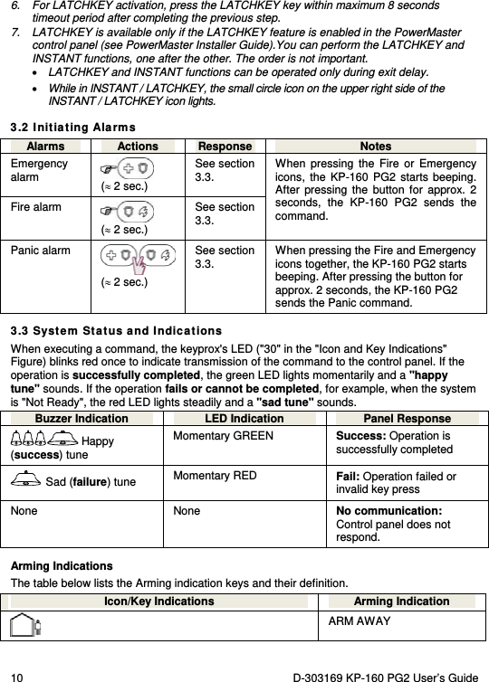 10  D-303169 KP-160 PG2 User’s Guide  6.  For LATCHKEY activation, press the LATCHKEY key within maximum 8 seconds timeout period after completing the previous step. 7.  LATCHKEY is available only if the LATCHKEY feature is enabled in the PowerMaster control panel (see PowerMaster Installer Guide).You can perform the LATCHKEY and INSTANT functions, one after the other. The order is not important.   LATCHKEY and INSTANT functions can be operated only during exit delay.  While in INSTANT / LATCHKEY, the small circle icon on the upper right side of the INSTANT / LATCHKEY icon lights.  3.2 Initiating Alarms Alarms  Actions  Response  Notes Emergency alarm    ( 2 sec.)  See section 3.3. Fire alarm    ( 2 sec.)  See section 3.3. When pressing the Fire or Emergency icons, the KP-160 PG2 starts beeping. After pressing the button for approx. 2 seconds, the KP-160 PG2 sends the command. Panic alarm ( 2 sec.) See section 3.3.  When pressing the Fire and Emergency icons together, the KP-160 PG2 starts beeping. After pressing the button for approx. 2 seconds, the KP-160 PG2 sends the Panic command. 3.3 System Status and Indications When executing a command, the keyprox&apos;s LED (&quot;30&quot; in the &quot;Icon and Key Indications&quot; Figure) blinks red once to indicate transmission of the command to the control panel. If the operation is successfully completed, the green LED lights momentarily and a &quot;happy tune&quot; sounds. If the operation fails or cannot be completed, for example, when the system is &quot;Not Ready&quot;, the red LED lights steadily and a &quot;sad tune&quot; sounds. Buzzer Indication  LED Indication  Panel Response  Happy (success) tune Momentary GREEN Success: Operation is successfully completed  Sad (failure) tune Momentary RED Fail: Operation failed or invalid key press None None No communication: Control panel does not respond. Arming Indications The table below lists the Arming indication keys and their definition. Icon/Key Indications  Arming Indication  ARM AWAY 