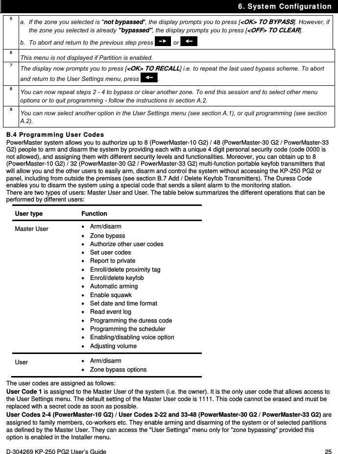 6. System Configuration D-304269 KP-250 PG2 User’s Guide  25 5  a.  If the zone you selected is &quot;not bypassed&quot;, the display prompts you to press [&lt;OK&gt; TO BYPASS]. However, if the zone you selected is already &quot;bypassed&quot;, the display prompts you to press [&lt;OFF&gt; TO CLEAR]. b.  To abort and return to the previous step press   or  6 This menu is not displayed if Partition is enabled. 7  The display now prompts you to press [&lt;OK&gt; TO RECALL] i.e. to repeat the last used bypass scheme. To abort and return to the User Settings menu, press . 8  You can now repeat steps 2 - 4 to bypass or clear another zone. To end this session and to select other menu options or to quit programming - follow the instructions in section A.2. 9  You can now select another option in the User Settings menu (see section A.1), or quit programming (see section A.2). B.4 Programming User Codes PowerMaster system allows you to authorize up to 8 (PowerMaster-10 G2) / 48 (PowerMaster-30 G2 / PowerMaster-33 G2) people to arm and disarm the system by providing each with a unique 4 digit personal security code (code 0000 is not allowed), and assigning them with different security levels and functionalities. Moreover, you can obtain up to 8 (PowerMaster-10 G2) / 32 (PowerMaster-30 G2 / PowerMaster-33 G2) multi-function portable keyfob transmitters that will allow you and the other users to easily arm, disarm and control the system without accessing the KP-250 PG2 or panel, including from outside the premises (see section B.7 Add / Delete Keyfob Transmitters). The Duress Code enables you to disarm the system using a special code that sends a silent alarm to the monitoring station. There are two types of users: Master User and User. The table below summarizes the different operations that can be performed by different users: User type Function Master User  Arm/disarm  Zone bypass   Authorize other user codes  Set user codes   Report to private  Enroll/delete proximity tag  Enroll/delete keyfob  Automatic arming  Enable squawk   Set date and time format  Read event log   Programming the duress code   Programming the scheduler   Enabling/disabling voice option  Adjusting volume User  Arm/disarm  Zone bypass options The user codes are assigned as follows: User Code 1 is assigned to the Master User of the system (i.e. the owner). It is the only user code that allows access to the User Settings menu. The default setting of the Master User code is 1111. This code cannot be erased and must be replaced with a secret code as soon as possible. User Codes 2-4 (PowerMaster-10 G2) / User Codes 2-22 and 33-48 (PowerMaster-30 G2 / PowerMaster-33 G2) are assigned to family members, co-workers etc. They enable arming and disarming of the system or of selected partitions as defined by the Master User. They can access the &quot;User Settings&quot; menu only for &quot;zone bypassing&quot; provided this option is enabled in the Installer menu. 