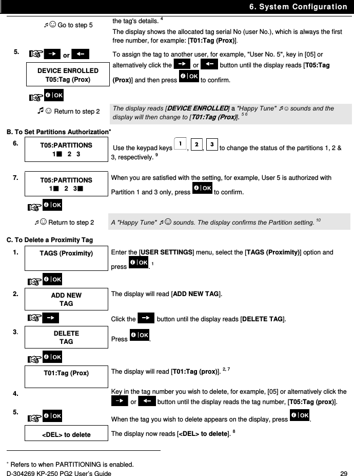 6. System Configuration D-304269 KP-250 PG2 User’s Guide  29 ☺ Go to step 5 the tag&apos;s details. 4 The display shows the allocated tag serial No (user No.), which is always the first free number, for example: [T01:Tag (Prox)]. 5.  or   To assign the tag to another user, for example, &quot;User No. 5&quot;, key in [05] or alternatively click the   or   button until the display reads [T05:Tag (Prox)] and then press   to confirm. DEVICE ENROLLED T05:Tag (Prox)     ☺ Return to step 2 The display reads [DEVICE ENROLLED] a &quot;Happy Tune&quot; ☺ sounds and the display will then change to [T01:Tag (Prox)]. 5 6 B. To Set Partitions Authorization C. To Delete a Proximity Tag 1.  TAGS (Proximity)  Enter the [USER SETTINGS] menu, select the [TAGS (Proximity)] option and press . 1    2. ADD NEW TAG The display will read [ADD NEW TAG].    Click the   button until the display reads [DELETE TAG]. 3. DELETE TAG Press .     T01:Tag (Prox)  The display will read [T01:Tag (prox)]. 2, 7 4.   Key in the tag number you wish to delete, for example, [05] or alternatively click the  or   button until the display reads the tag number, [T05:Tag (prox)]. 5.  When the tag you wish to delete appears on the display, press  .  &lt;DEL&gt; to delete  The display now reads [&lt;DEL&gt; to delete]. 8                                                                                         Refers to when PARTITIONING is enabled. 6. T05:PARTITIONS 1   2   3  Use the keypad keys  ,  ,   to change the status of the partitions 1, 2 &amp; 3, respectively. 9     7. T05:PARTITIONS 1   2   3 When you are satisfied with the setting, for example, User 5 is authorized with Partition 1 and 3 only, press   to confirm.    ☺ Return to step 2 A &quot;Happy Tune&quot; ☺ sounds. The display confirms the Partition setting. 10 