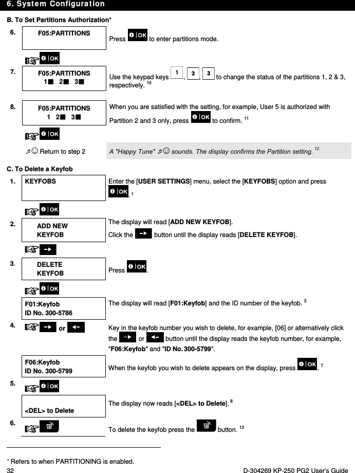 6. System Configuration 32  D-304269 KP-250 PG2 User’s Guide B. To Set Partitions Authorization 6. F05:PARTITIONS  Press   to enter partitions mode.   7. F05:PARTITIONS 1   2   3 Use the keypad keys  ,  ,   to change the status of the partitions 1, 2 &amp; 3, respectively. 10    8. F05:PARTITIONS 1   2   3 When you are satisfied with the setting, for example, User 5 is authorized with Partition 2 and 3 only, press   to confirm. 11     ☺ Return to step 2 A &quot;Happy Tune&quot; ☺ sounds. The display confirms the Partition setting. 12 C. To Delete a Keyfob 1. KEYFOBS  Enter the [USER SETTINGS] menu, select the [KEYFOBS] option and press . 1    2. ADD NEW KEYFOB The display will read [ADD NEW KEYFOB].  Click the   button until the display reads [DELETE KEYFOB].    3. DELETE KEYFOB  Press .     F01:Keyfob ID No. 300-5786 The display will read [F01:Keyfob] and the ID number of the keyfob. 3 4.  or   Key in the keyfob number you wish to delete, for example, [06] or alternatively click the   or   button until the display reads the keyfob number, for example, &quot;F06:Keyfob&quot; and &quot;ID No. 300-5799&quot;.  F06:Keyfob ID No. 300-5799  When the keyfob you wish to delete appears on the display, press  . 7 5.     &lt;DEL&gt; to Delete  The display now reads [&lt;DEL&gt; to Delete]. 8 6.  To delete the keyfob press the   button. 13                                                                                         Refers to when PARTITIONING is enabled. 