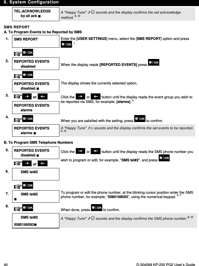 6. System Configuration 40  D-304269 KP-250 PG2 User’s Guide  TEL.ACKNOWLEDGE by all ack  A &quot;Happy Tune&quot; ☺ sounds and the display confirms the set acknowledge method. 5, 12 SMS REPORT A. To Program Events to be Reported by SMS 1.  SMS REPORT  Enter the [USER SETTINGS] menu, select the [SMS REPORT] option and press . 1   2.  REPORTED EVENTS disabled When the display reads [REPORTED EVENTS] press .    REPORTED EVENTS disabled  The display shows the currently selected option.   3.  or  Click the   or   button until the display reads the event group you wish to be reported via SMS, for example, [alarms]. 4 REPORTED EVENTS alarms 4.  When you are satisfied with the setting, press   to confirm.    REPORTED EVENTS alarms  A &quot;Happy Tune&quot; ☺ sounds and the display confirms the set events to be reported. 5, 12  B. To Program SMS Telephone Numbers 5. REPORTED EVENTS disabled  Click the   or   button until the display reads the SMS phone number you wish to program or edit, for example, &quot;SMS tel#2&quot;, and press  .  or  6. SMS tel#2      7.  SMS tel#2  To program or edit the phone number, at the blinking cursor position enter the SMS phone number, for example, “5080168593”, using the numerical keypad. 6, 7 8.   When done, press   to confirm.  SMS tel#2 5080168593 A &quot;Happy Tune&quot; ☺ sounds and the display confirms the SMS phone number. 8, 12            