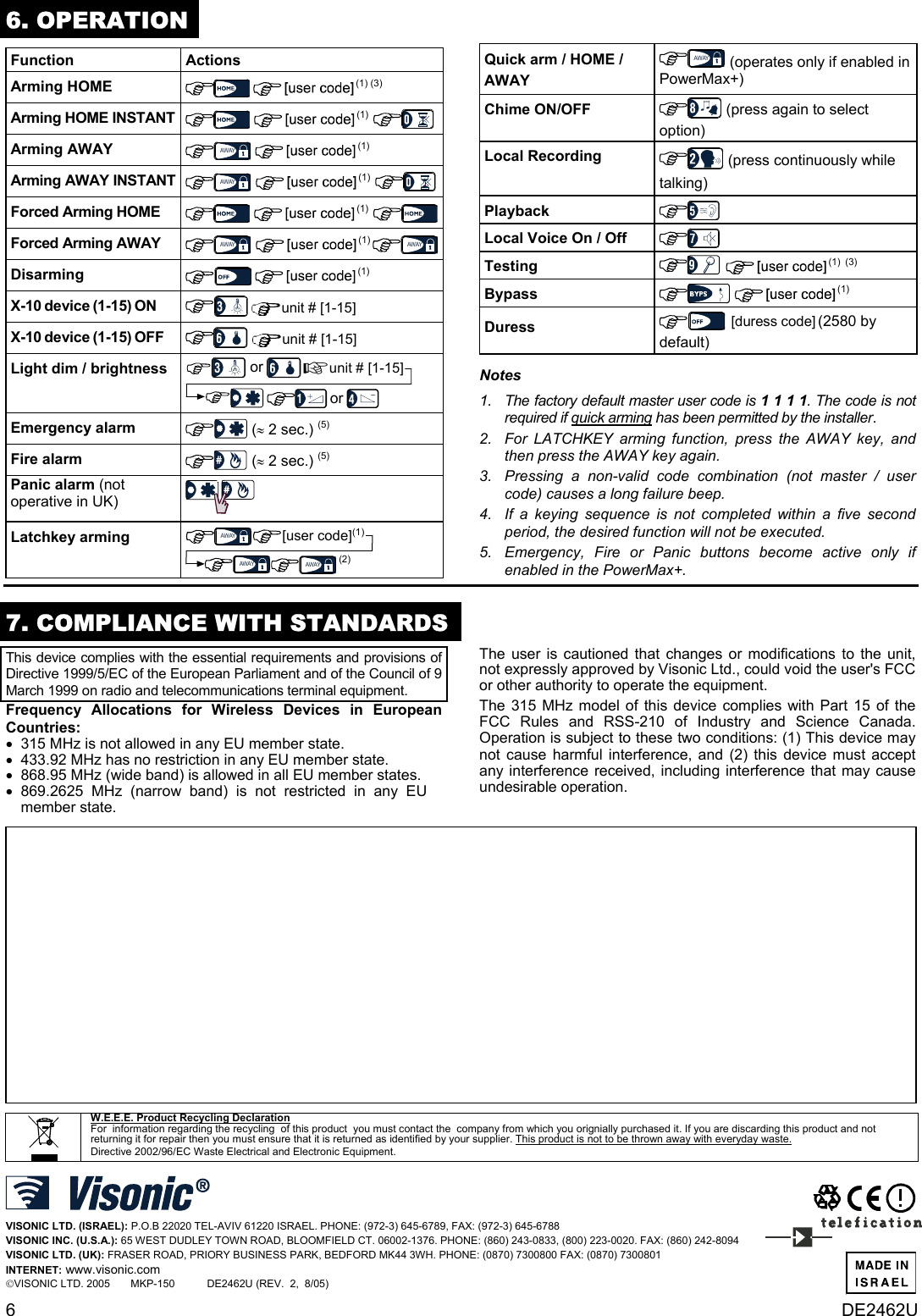 6  DE2462U 6. OPERATION  Function Actions Arming HOME  (1) (3) Arming HOME INSTANT   (1) Arming AWAY AWAY (1) Arming AWAY INSTANT AWAY (1) Forced Arming HOME    (1) Forced Arming AWAY  AWAY (1) AWAYDisarming   (1) X-10 device (1-15) ON   unit # [1-15] X-10 device (1-15) OFF   unit # [1-15] Light dim / brightness  unit # [1-15]oror  Emergency alarm   (≈ 2 sec.) (5) Fire alarm   (≈ 2 sec.) (5) Panic alarm (not operative in UK)  Latchkey arming AWAY[user code](1)AWAY AWAY(2)   Quick arm / HOME /  AWAY AWAY (operates only if enabled in PowerMax+) Chime ON/OFF   (press again to select option) Local Recording   (press continuously while talking) Playback   Local Voice On / Off   Testing   (1) (3) Bypass   (1) Duress   [duress code] (2580 by default) Notes 1.  The factory default master user code is 1 1 1 1. The code is not required if quick arming has been permitted by the installer. 2.  For LATCHKEY arming function, press the AWAY key, and then press the AWAY key again.  3.  Pressing a non-valid code combination (not master / user code) causes a long failure beep. 4.  If a keying sequence is not completed within a five second period, the desired function will not be executed. 5.  Emergency, Fire or Panic buttons become active only if enabled in the PowerMax+.  7. COMPLIANCE WITH STANDARDSThis device complies with the essential requirements and provisions of Directive 1999/5/EC of the European Parliament and of the Council of 9 March 1999 on radio and telecommunications terminal equipment. Frequency Allocations for Wireless Devices in European Countries: •  315 MHz is not allowed in any EU member state.  •  433.92 MHz has no restriction in any EU member state.  •  868.95 MHz (wide band) is allowed in all EU member states.  • 869.2625 MHz (narrow band) is not restricted in any EU member state.  The user is cautioned that changes or modifications to the unit, not expressly approved by Visonic Ltd., could void the user&apos;s FCC or other authority to operate the equipment. The 315 MHz model of this device complies with Part 15 of the FCC Rules and RSS-210 of Industry and Science Canada. Operation is subject to these two conditions: (1) This device may not cause harmful interference, and (2) this device must accept any interference received, including interference that may cause undesirable operation.                          W.E.E.E. Product Recycling Declaration For  information regarding the recycling  of this product  you must contact the  company from which you orignially purchased it. If you are discarding this product and not returning it for repair then you must ensure that it is returned as identified by your supplier. This product is not to be thrown away with everyday waste. Directive 2002/96/EC Waste Electrical and Electronic Equipment.     VISONIC LTD. (ISRAEL): P.O.B 22020 TEL-AVIV 61220 ISRAEL. PHONE: (972-3) 645-6789, FAX: (972-3) 645-6788 VISONIC INC. (U.S.A.): 65 WEST DUDLEY TOWN ROAD, BLOOMFIELD CT. 06002-1376. PHONE: (860) 243-0833, (800) 223-0020. FAX: (860) 242-8094 VISONIC LTD. (UK): FRASER ROAD, PRIORY BUSINESS PARK, BEDFORD MK44 3WH. PHONE: (0870) 7300800 FAX: (0870) 7300801 INTERNET: www.visonic.com VISONIC LTD. 2005       MKP-150           DE2462U (REV.  2,  8/05)     