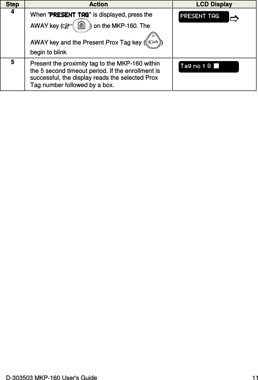 D-303503 MKP-160 User&apos;s Guide  11 Step  Action  LCD Display 4  When &quot;PRESENT TAGPRESENT TAGPRESENT TAGPRESENT TAG&quot; is displayed, press the AWAY key ( ) on the MKP-160. The AWAY key and the Present Prox Tag key ( ) begin to blink  5  Present the proximity tag to the MKP-160 within the 5 second timeout period. If the enrollment is successful, the display reads the selected Prox Tag number followed by a box.   Tag no : 8  PRESENT TAG 