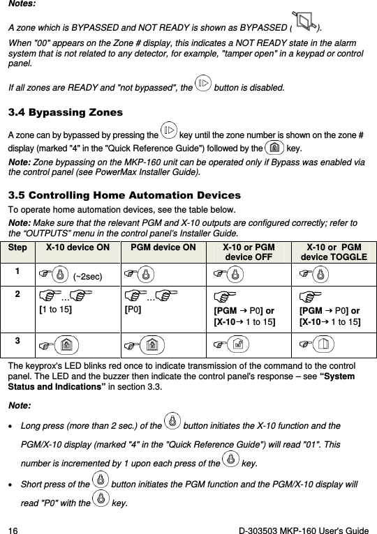 16  D-303503 MKP-160 User&apos;s Guide Notes: A zone which is BYPASSED and NOT READY is shown as BYPASSED ( ). When &quot;00&quot; appears on the Zone # display, this indicates a NOT READY state in the alarm system that is not related to any detector, for example, &quot;tamper open&quot; in a keypad or control panel. If all zones are READY and &quot;not bypassed&quot;, the   button is disabled. 3.4 Bypassing Zones A zone can by bypassed by pressing the   key until the zone number is shown on the zone # display (marked &quot;4&quot; in the &quot;Quick Reference Guide&quot;) followed by the  key. Note: Zone bypassing on the MKP-160 unit can be operated only if Bypass was enabled via the control panel (see PowerMax Installer Guide). 3.5 Controlling Home Automation Devices To operate home automation devices, see the table below. Note: Make sure that the relevant PGM and X-10 outputs are configured correctly; refer to the “OUTPUTS” menu in the control panel’s Installer Guide. Step  X-10 device ON  PGM device ON  X-10 or PGM device OFF X-10 or  PGM device TOGGLE 1    (~2sec)       2  … [1 to 15] … [P0]   [PGM  P0] or [X-10 1 to 15]  [PGM  P0] or [X-10 1 to 15] 3      The keyprox&apos;s LED blinks red once to indicate transmission of the command to the control panel. The LED and the buzzer then indicate the control panel&apos;s response – see “System Status and Indications” in section 3.3. Note:  • Long press (more than 2 sec.) of the   button initiates the X-10 function and the PGM/X-10 display (marked &quot;4&quot; in the &quot;Quick Reference Guide&quot;) will read &quot;01&quot;. This number is incremented by 1 upon each press of the   key.  • Short press of the   button initiates the PGM function and the PGM/X-10 display will read &quot;P0&quot; with the   key. 