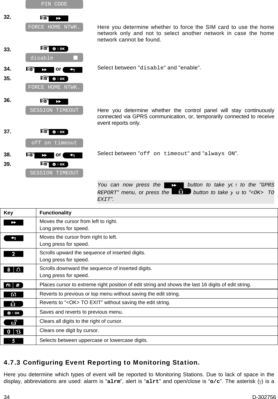  34  D-302756    32.      Here you determine whether to force the SIM card to use the home network only and not to select another network in case the home network cannot be found. 33.       34.   or  Select between &quot;disable&quot; and &quot;enable&quot;. 35.       36.      Here you determine whether the control panel will stay continuously connected via GPRS communication, or, temporarily connected to receive event reports only. 37.       38.   or  Select between &quot;off on timeout&quot; and &quot;always ON&quot;. 39.         You can now press the   button to take you to the &quot;GPRS REPORT&quot; menu, or press the   button to take you to &quot;&lt;OK&gt; TO EXIT&quot;.  Key Functionality  Moves the cursor from left to right. Long press for speed.  Moves the cursor from right to left. Long press for speed.  Scrolls upward the sequence of inserted digits. Long press for speed.  Scrolls downward the sequence of inserted digits. Long press for speed.  Places cursor to extreme right position of edit string and shows the last 16 digits of edit string.  Reverts to previous or top menu without saving the edit string.  Reverts to &quot;&lt;OK&gt; TO EXIT&quot; without saving the edit string.  Saves and reverts to previous menu.  Clears all digits to the right of cursor.  Clears one digit by cursor.  Selects between uppercase or lowercase digits. 4.7.3 Configuring Event Reporting to Monitoring Station. Here you determine which types of event will be reported to Monitoring Stations. Due to lack of space in the display, abbreviations are used: alarm is “alrm”, alert is “alrt” and open/close is “o/c”. The asterisk () is a SESSION TIMEOUT FORCE HOME NTWK. off on timeout  SESSION TIMEOUT disable       FORCE HOME NTWK. PIN CODE 