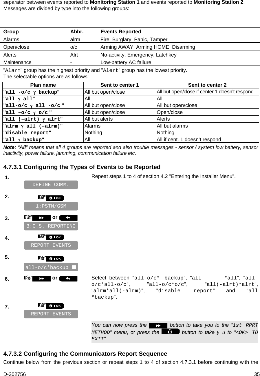 D-302756  35 separator between events reported to Monitoring Station 1 and events reported to Monitoring Station 2. Messages are divided by type into the following groups:   Group Abbr. Events Reported Alarms  alrm  Fire, Burglary, Panic, Tamper Open/close  o/c  Arming AWAY, Arming HOME, Disarming  Alerts   Alrt  No-activity, Emergency, Latchkey Maintenance - Low-battery AC failure &quot;Alarm&quot; group has the highest priority and &quot;Alert&quot; group has the lowest priority.  The selectable options are as follows:   Plan name  Sent to center 1  Sent to center 2 &quot;all -o/c  backup&quot;  All but open/close All but open/close if center 1 doesn’t respond &quot;all  all&quot;  All   All &quot;all-o/c  all -o/c &quot;  All but open/close All but open/close &quot;all –o/c  o/c &quot;  All but open/close  Open/close &quot;all (–alrt)  alrt&quot;  All but alerts  Alerts &quot;alrm  all (–alrm)&quot;  Alarms All but alarms &quot;disable report&quot;  Nothing Nothing &quot;all  backup&quot;  All  All if cent. 1 doesn’t respond Note: “All” means that all 4 groups are reported and also trouble messages - sensor / system low battery, sensor inactivity, power failure, jamming, communication failure etc. 4.7.3.1 Configuring the Types of Events to be Reported 1.   Repeat steps 1 to 4 of section 4.2 &quot;Entering the Installer Menu&quot;.   2.       3.   or      4.       5.       6.   or  Select between &quot;all-o/c* backup&quot;, &quot;all     *all&quot;, &quot;all-o/c*all-o/c&quot;, &quot;all-o/c*o/c&quot;, &quot;all(-alrt)*alrt&quot;, &quot;alrm*all(-alrm)&quot;, &quot;disable report&quot; and &quot;all *backup&quot;. 7.         You can now press the   button to take you to the &quot;1st RPRT METHOD&quot; menu, or press the   button to take you to &quot;&lt;OK&gt; TO EXIT&quot;. 4.7.3.2 Configuring the Communicators Report Sequence Continue below from the previous section or repeat steps 1 to 4 of section 4.7.3.1 before continuing with the REPORT EVENTS all-o/c*backup  REPORT EVENTS 3:C.S. REPORTING 1:PSTN/GSM DEFINE COMM. 