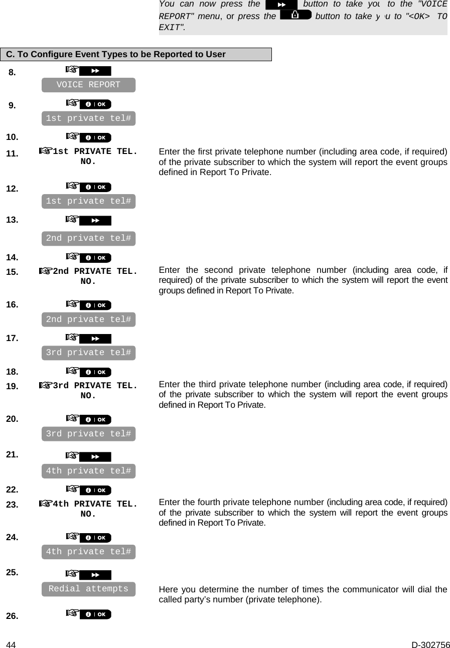  44  D-302756   You can now press the   button to take you to the &quot;VOICE REPORT&quot; menu, or press the   button to take you to &quot;&lt;OK&gt; TO EXIT&quot;. C. To Configure Event Types to be Reported to User 8.       9.       10.    11.  1st PRIVATE TEL. NO. Enter the first private telephone number (including area code, if required) of the private subscriber to which the system will report the event groups defined in Report To Private. 12.       13.       14.    15.  2nd PRIVATE TEL. NO. Enter the second private telephone number (including area code, if required) of the private subscriber to which the system will report the event groups defined in Report To Private. 16.       17.       18.    19.  3rd PRIVATE TEL. NO. Enter the third private telephone number (including area code, if required) of the private subscriber to which the system will report the event groups defined in Report To Private. 20.       21.       22.    23.  4th PRIVATE TEL. NO. Enter the fourth private telephone number (including area code, if required) of the private subscriber to which the system will report the event groups defined in Report To Private. 24.       25.      Here you determine the number of times the communicator will dial the called party’s number (private telephone). 26.    4th private tel# 4th private tel# 3rd private tel# 2nd private tel# 2nd private tel# 1st private tel# Redial attempts 3rd private tel# 1st private tel# VOICE REPORT 