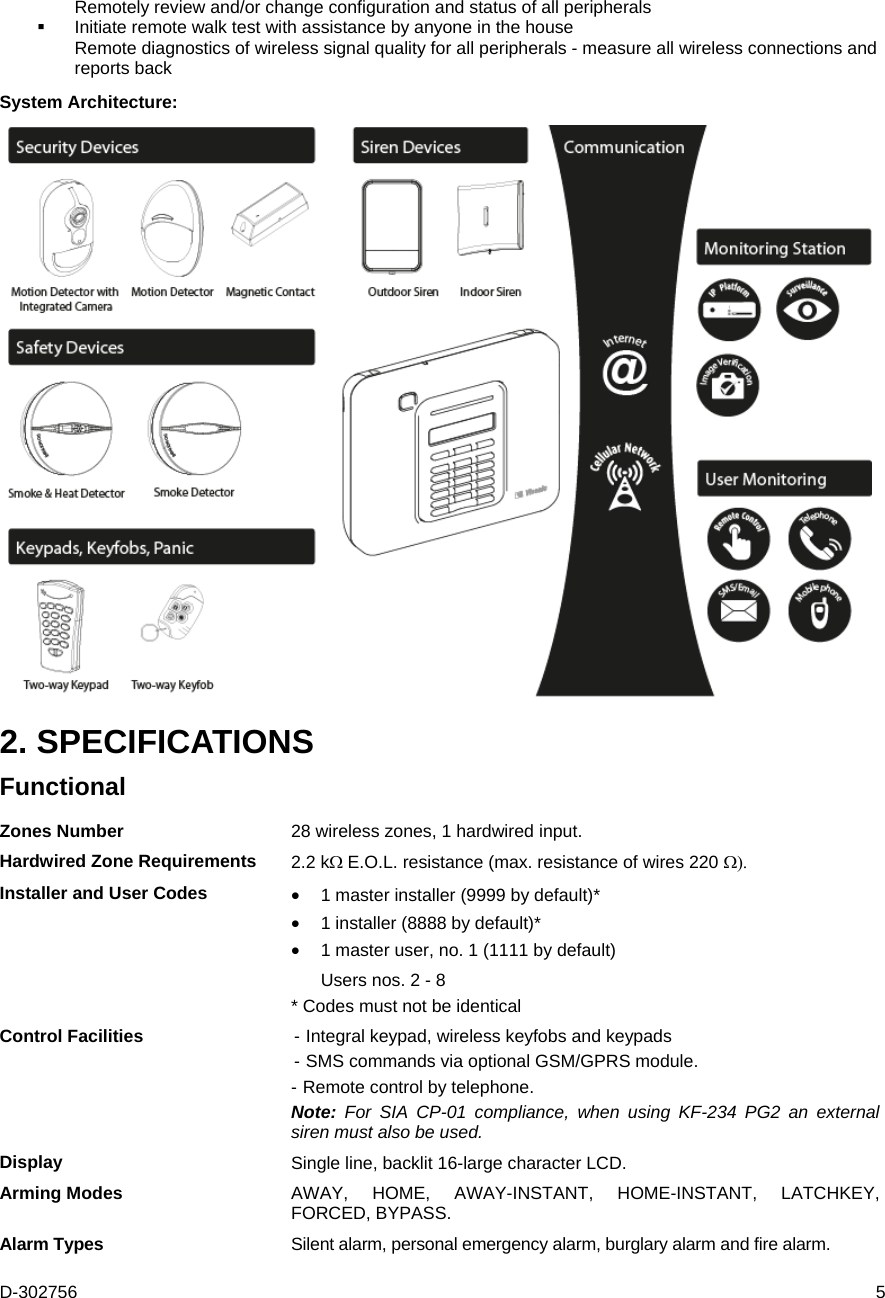 D-302756  5   Remotely review and/or change configuration and status of all peripherals   Initiate remote walk test with assistance by anyone in the house   Remote diagnostics of wireless signal quality for all peripherals - measure all wireless connections and reports back System Architecture:  2. SPECIFICATIONS Functional Zones Number  28 wireless zones, 1 hardwired input. Hardwired Zone Requirements  2.2 kE.O.L. resistance (max. resistance of wires 220  Installer and User Codes   1 master installer (9999 by default)*  1 installer (8888 by default)*  1 master user, no. 1 (1111 by default)  Users nos. 2 - 8 * Codes must not be identical Control Facilities  - Integral keypad, wireless keyfobs and keypads - SMS commands via optional GSM/GPRS module. - Remote control by telephone. Note:  For SIA CP-01 compliance, when using KF-234 PG2 an external siren must also be used. Display  Single line, backlit 16-large character LCD. Arming Modes  AWAY, HOME, AWAY-INSTANT, HOME-INSTANT, LATCHKEY, FORCED, BYPASS. Alarm Types  Silent alarm, personal emergency alarm, burglary alarm and fire alarm. 