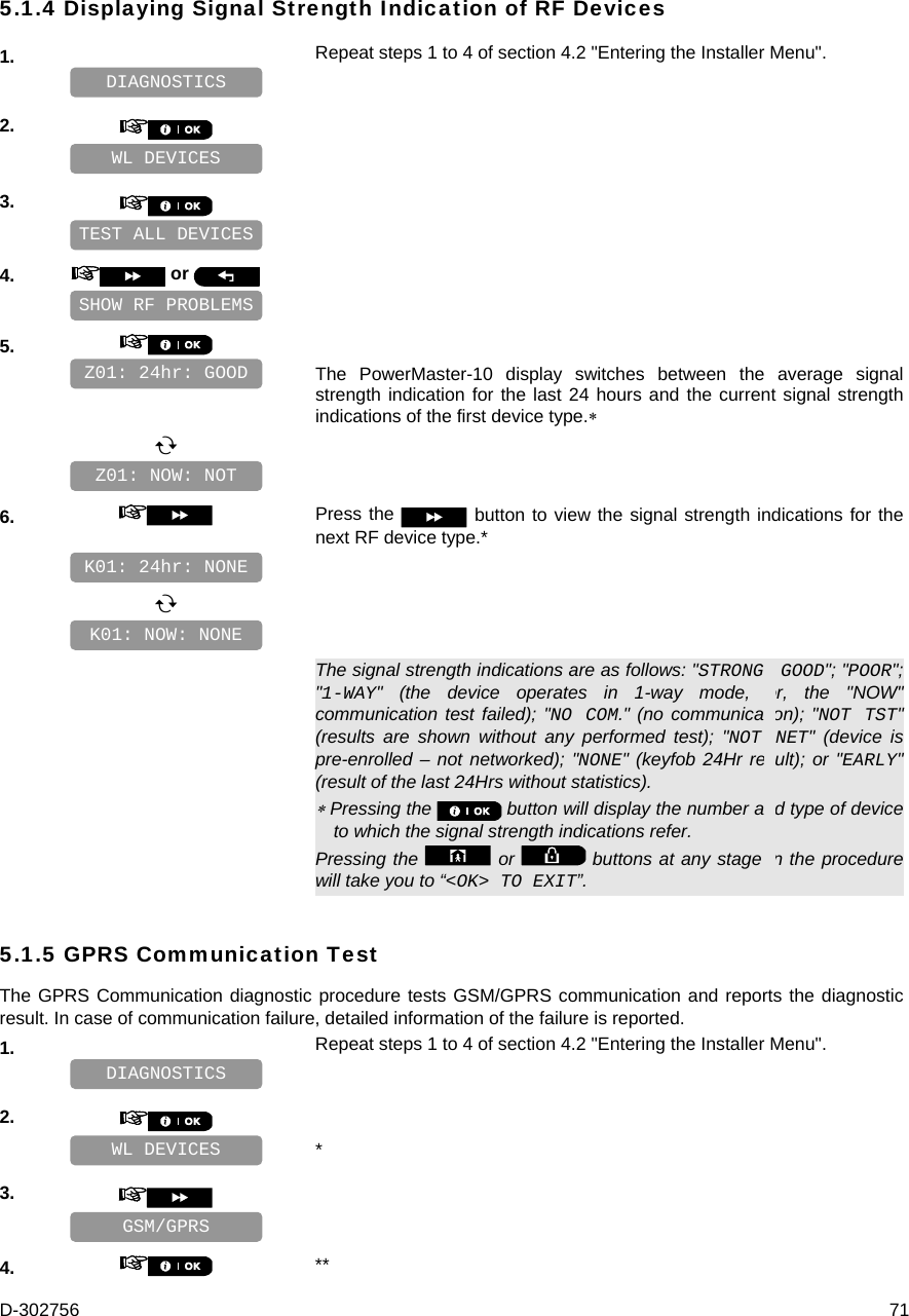 D-302756  71 5.1.4 Displaying Signal Strength Indication of RF Devices 1.   Repeat steps 1 to 4 of section 4.2 &quot;Entering the Installer Menu&quot;.    2.       3.       4.   or      5.      The PowerMaster-10 display switches between the average signal strength indication for the last 24 hours and the current signal strength indications of the first device type.       6.   Press the   button to view the signal strength indications for the next RF device type.*            The signal strength indications are as follows: &quot;STRONG&quot;; GOOD&quot;; &quot;POOR&quot;; &quot;1-WAY&quot; (the device operates in 1-way mode, or, the &quot;NOW&quot; communication test failed); &quot;NO COM.&quot; (no communication); &quot;NOT TST&quot; (results are shown without any performed test); &quot;NOT NET&quot; (device is pre-enrolled – not networked); &quot;NONE&quot; (keyfob 24Hr result); or &quot;EARLY&quot; (result of the last 24Hrs without statistics).  Pressing the   button will display the number and type of device to which the signal strength indications refer. Pressing the   or   buttons at any stage in the procedure will take you to “&lt;OK&gt; TO EXIT”. 5.1.5 GPRS Communication Test The GPRS Communication diagnostic procedure tests GSM/GPRS communication and reports the diagnostic result. In case of communication failure, detailed information of the failure is reported. 1.   Repeat steps 1 to 4 of section 4.2 &quot;Entering the Installer Menu&quot;.    2.      * 3.       4.   ** GSM/GPRS WL DEVICES DIAGNOSTICS K01: NOW: NONE Z01: NOW: NOT K01: 24hr: NONE Z01: 24hr: GOOD SHOW RF PROBLEMS TEST ALL DEVICES WL DEVICES DIAGNOSTICS 