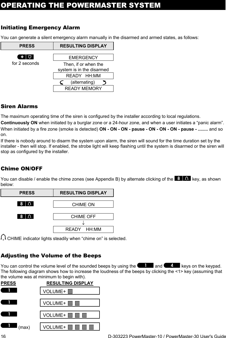 OPERATING THE POWERMASTER SYSTEM 16  D-303223 PowerMaster-10 / PowerMaster-30 User&apos;s Guide Initiating Emergency Alarm You can generate a silent emergency alarm manually in the disarmed and armed states, as follows: PRESS  RESULTING DISPLAY   EMERGENCY for 2 seconds Then, if or when the system is in the disarmed  READY   HH:MM       (alternating)         READY MEMORYSiren Alarms The maximum operating time of the siren is configured by the installer according to local regulations. Continuously ON when initiated by a burglar zone or a 24-hour zone, and when a user initiates a “panic alarm”. When initiated by a fire zone (smoke is detected) ON - ON - ON - pause - ON - ON - ON - pause - ........ and so on. If there is nobody around to disarm the system upon alarm, the siren will sound for the time duration set by the installer - then will stop. If enabled, the strobe light will keep flashing until the system is disarmed or the siren will stop as configured by the installer. Chime ON/OFF You can disable / enable the chime zones (see Appendix B) by alternate clicking of the   key, as shown below: PRESS  RESULTING DISPLAY   CHIME ON  CHIME OFF  READY    HH:MM CHIME indicator lights steadily when “chime on” is selected. Adjusting the Volume of the Beeps You can control the volume level of the sounded beeps by using the   and   keys on the keypad. The following diagram shows how to increase the loudness of the beeps by clicking the &lt;1&gt; key (assuming that the volume was at minimum to begin with). PRESS  RESULTING DISPLAY  VOLUME+    VOLUME+     VOLUME+      (max) VOLUME+     