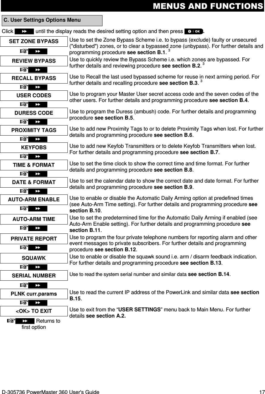 MENUS AND FUNCTIONS D-305736 PowerMaster 360 User&apos;s Guide  17 C. User Settings Options Menu Click   until the display reads the desired setting option and then press  . SET ZONE BYPASS  Use to set the Zone Bypass Scheme i.e. to bypass (exclude) faulty or unsecured (&quot;disturbed&quot;) zones, or to clear a bypassed zone (unbypass). For further details and programming procedure see section B.1. 3  REVIEW BYPASS  Use to quickly review the Bypass Scheme i.e. which zones are bypassed. For further details and reviewing procedure see section B.2. 3  RECALL BYPASS  Use to Recall the last used bypassed scheme for reuse in next arming period. For further details and recalling procedure see section B.3. 3  USER CODES  Use to program your Master User secret access code and the seven codes of the other users. For further details and programming procedure see section B.4.  DURESS CODE  Use to program the Duress (ambush) code. For further details and programming procedure see section B.5.  PROXIMITY TAGS  Use to add new Proximity Tags to or to delete Proximity Tags when lost. For further details and programming procedure see section B.6.  KEYFOBS  Use to add new Keyfob Transmitters or to delete Keyfob Transmitters when lost. For further details and programming procedure see section B.7.  TIME &amp; FORMAT  Use to set the time clock to show the correct time and time format. For further details and programming procedure see section B.8.  DATE &amp; FORMAT  Use to set the calendar date to show the correct date and date format. For further details and programming procedure see section B.9.  AUTO-ARM ENABLE  Use to enable or disable the Automatic Daily Arming option at predefined times (see Auto-Arm Time setting). For further details and programming procedure see section B.10.  AUTO-ARM TIME  Use to set the predetermined time for the Automatic Daily Arming if enabled (see Auto-Arm Enable setting). For further details and programming procedure see section B.11.  PRIVATE REPORT  Use to program the four private telephone numbers for reporting alarm and other event messages to private subscribers. For further details and programming procedure see section B.12.  SQUAWK  Use to enable or disable the squawk sound i.e. arm / disarm feedback indication. For further details and programming procedure see section B.13.  SERIAL NUMBER Use to read the system serial number and similar data see section B.14.   PLNK curr.params  Use to read the current IP address of the PowerLink and similar data see section B.15.  &lt;OK&gt; TO EXIT  Use to exit from the “USER SETTINGS” menu back to Main Menu. For further details see section A.2.  Returns to first option 