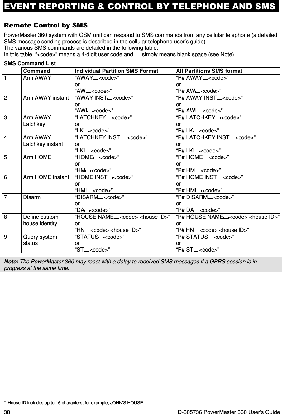 EVENT REPORTING &amp; CONTROL BY TELEPHONE AND SMS 38  D-305736 PowerMaster 360 User&apos;s Guide Remote Control by SMS PowerMaster 360 system with GSM unit can respond to SMS commands from any cellular telephone (a detailed SMS message sending process is described in the cellular telephone user’s guide). The various SMS commands are detailed in the following table.  In this table, “&lt;code&gt;” means a 4-digit user code and   simply means blank space (see Note).  SMS Command List  Command  Individual Partition SMS Format  All Partitions SMS format 1  Arm AWAY  “AWAY &lt;code&gt;”  or  “AW &lt;code&gt;”  “P# AWAY &lt;code&gt;” or  “P# AW &lt;code&gt;” 2  Arm AWAY instant  “AWAY INST &lt;code&gt;” or  “AWI &lt;code&gt;”  “P# AWAY INST &lt;code&gt;” or  “P# AWI &lt;code&gt;” 3  Arm AWAY Latchkey “LATCHKEY &lt;code&gt;”  or   “LK &lt;code&gt;”  “P# LATCHKEY &lt;code&gt;” or “P# LK &lt;code&gt;” 4  Arm AWAY Latchkey instant “LATCHKEY INST  &lt;code&gt;” or  “LKI &lt;code&gt;”  “P# LATCHKEY INST &lt;code&gt;” or  “P# LKI &lt;code&gt;” 5  Arm HOME  “HOME &lt;code&gt;” or  “HM &lt;code&gt;”  “P# HOME &lt;code&gt;” or “P# HM &lt;code&gt;” 6  Arm HOME instant  “HOME INST &lt;code&gt;” or  “HMI &lt;code&gt;”  “P# HOME INST &lt;code&gt;” or “P# HMI &lt;code&gt;” 7  Disarm  “DISARM &lt;code&gt;”  or  “DA &lt;code&gt;”  “P# DISARM &lt;code&gt;” or “P# DA &lt;code&gt;” 8  Define custom house identity 1 “HOUSE NAME &lt;code&gt; &lt;house ID&gt;” or  “HN &lt;code&gt; &lt;house ID&gt;” “P# HOUSE NAME &lt;code&gt; &lt;house ID&gt;” or “P# HN &lt;code&gt; &lt;house ID&gt;” 9  Query system status “STATUS &lt;code&gt;” or  “ST &lt;code&gt;”  “P# STATUS &lt;code&gt;”  or “P# ST &lt;code&gt;” Note: The PowerMaster 360 may react with a delay to received SMS messages if a GPRS session is in progress at the same time.                                                                     1 House ID includes up to 16 characters, for example, JOHN&apos;S HOUSE 