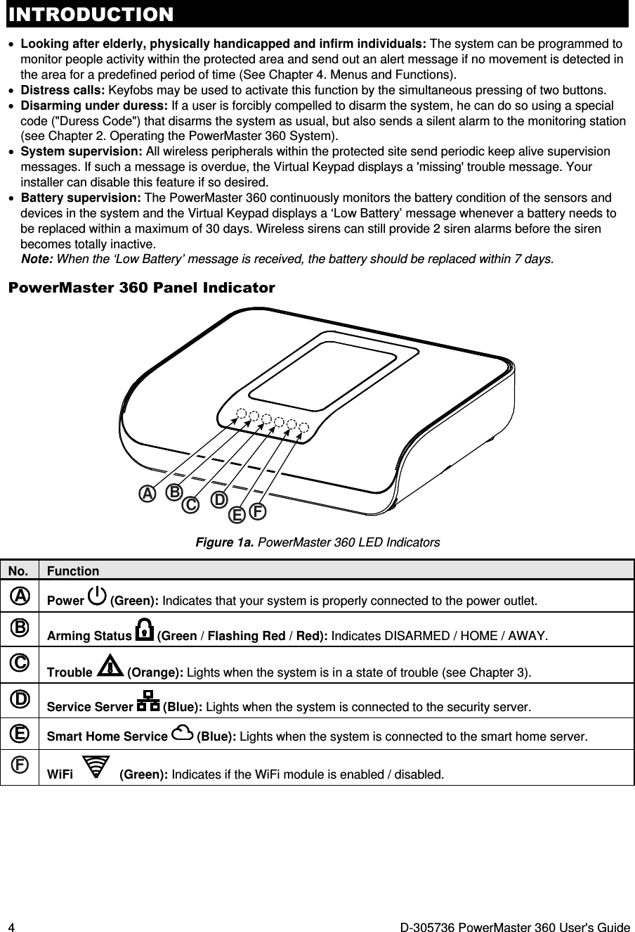 INTRODUCTION 4  D-305736 PowerMaster 360 User&apos;s Guide • Looking after elderly, physically handicapped and infirm individuals: The system can be programmed to monitor people activity within the protected area and send out an alert message if no movement is detected in the area for a predefined period of time (See Chapter 4. Menus and Functions).  • Distress calls: Keyfobs may be used to activate this function by the simultaneous pressing of two buttons. • Disarming under duress: If a user is forcibly compelled to disarm the system, he can do so using a special code (&quot;Duress Code&quot;) that disarms the system as usual, but also sends a silent alarm to the monitoring station (see Chapter 2. Operating the PowerMaster 360 System). • System supervision: All wireless peripherals within the protected site send periodic keep alive supervision messages. If such a message is overdue, the Virtual Keypad displays a &apos;missing&apos; trouble message. Your installer can disable this feature if so desired. • Battery supervision: The PowerMaster 360 continuously monitors the battery condition of the sensors and devices in the system and the Virtual Keypad displays a ‘Low Battery’ message whenever a battery needs to be replaced within a maximum of 30 days. Wireless sirens can still provide 2 siren alarms before the siren becomes totally inactive. Note: When the ‘Low Battery’ message is received, the battery should be replaced within 7 days. PowerMaster 360 Panel Indicator ABCDEF Figure 1a. PowerMaster 360 LED Indicators No.  Function A Power   (Green): Indicates that your system is properly connected to the power outlet. B Arming Status   (Green / Flashing Red / Red): Indicates DISARMED / HOME / AWAY. C Trouble   (Orange): Lights when the system is in a state of trouble (see Chapter 3). D Service Server   (Blue): Lights when the system is connected to the security server. E Smart Home Service   (Blue): Lights when the system is connected to the smart home server. F WiFi   (Green): Indicates if the WiFi module is enabled / disabled. 