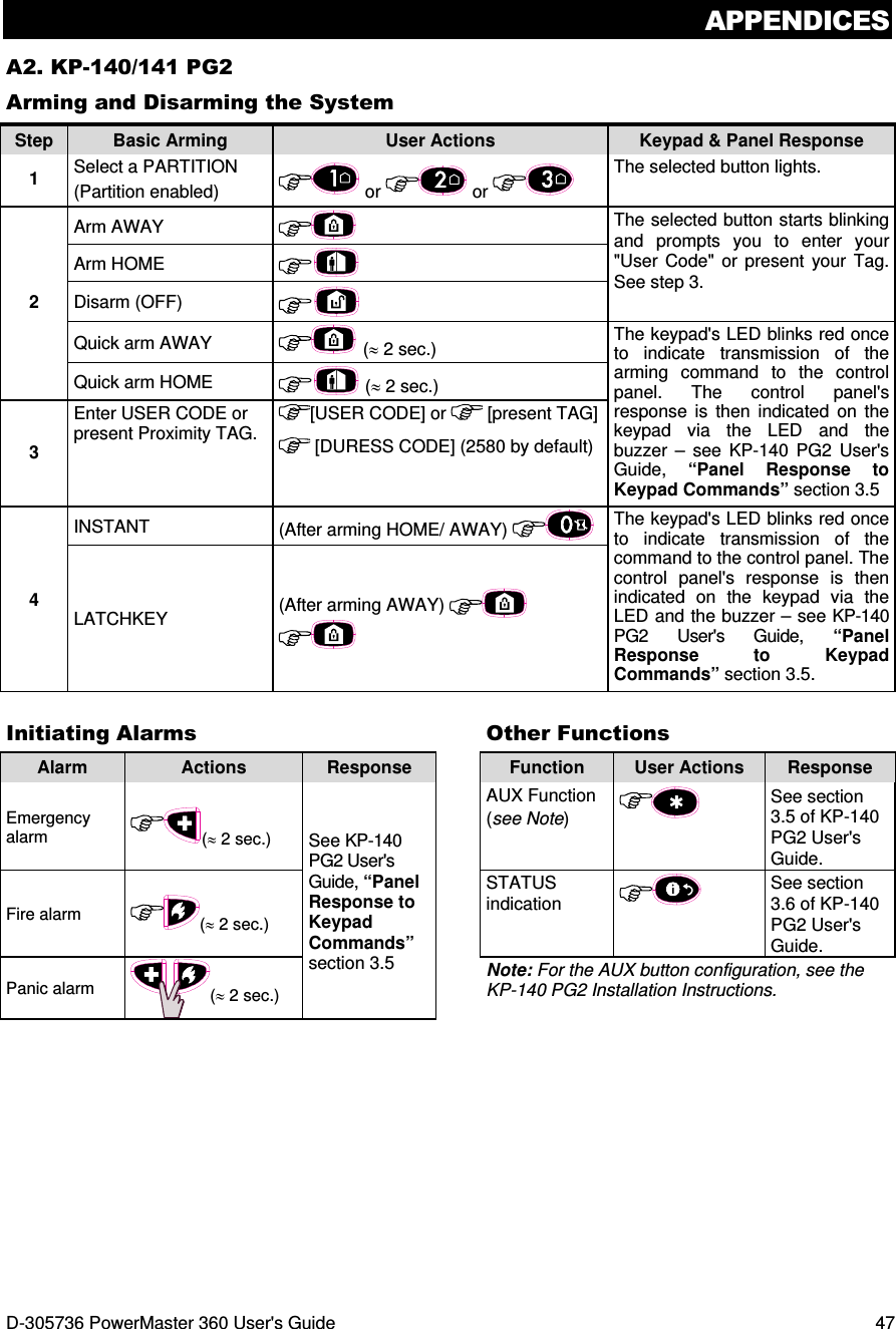 APPENDICES D-305736 PowerMaster 360 User&apos;s Guide  47 A2. KP-140/141 PG2 Arming and Disarming the System Step  Basic Arming  User Actions  Keypad &amp; Panel Response 1   Select a PARTITION (Partition enabled)   or   or   The selected button lights. 2 Arm AWAY      The selected button starts blinking and  prompts  you  to  enter  your &quot;User  Code&quot;  or  present  your  Tag. See step 3. Arm HOME   Disarm (OFF)  Quick arm AWAY    (≈ 2 sec.)  The keypad&apos;s LED blinks red once to  indicate  transmission  of  the arming  command  to  the  control panel.  The  control  panel&apos;s response  is  then  indicated  on  the keypad  via  the  LED  and  the buzzer  –  see  KP-140  PG2  User&apos;s Guide,  “Panel  Response  to Keypad Commands” section 3.5  Quick arm HOME    (≈ 2 sec.)   3 Enter USER CODE or present Proximity TAG.  [USER CODE] or   [present TAG]  [DURESS CODE] (2580 by default) 4 INSTANT  (After arming HOME/ AWAY)   The keypad&apos;s LED blinks red once to  indicate  transmission  of  the command to the control panel. The control  panel&apos;s  response  is  then indicated  on  the  keypad  via  the LED and the buzzer – see KP-140 PG2  User&apos;s  Guide,  “Panel Response  to  Keypad Commands” section 3.5. LATCHKEY  (After arming AWAY)      Initiating Alarms  Other Functions Alarm  Actions  Response    Function  User Actions  Response Emergency alarm  (≈ 2 sec.)  See KP-140 PG2 User&apos;s Guide, “Panel Response to Keypad Commands” section 3.5 AUX Function (see Note)  See section 3.5 of KP-140 PG2 User&apos;s Guide.  Fire alarm  (≈ 2 sec.)  STATUS indication  See section 3.6 of KP-140 PG2 User&apos;s Guide. Panic alarm  (≈ 2 sec.)  Note: For the AUX button configuration, see the KP-140 PG2 Installation Instructions. 