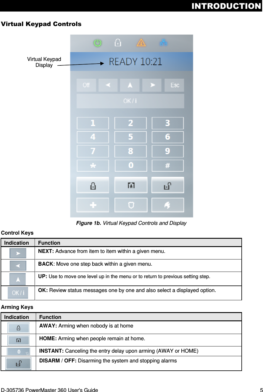 INTRODUCTION D-305736 PowerMaster 360 User&apos;s Guide  5 Virtual Keypad Controls  Figure 1b. Virtual Keypad Controls and Display Control Keys Indication  Function  NEXT: Advance from item to item within a given menu.  BACK: Move one step back within a given menu.  UP: Use to move one level up in the menu or to return to previous setting step.  OK: Review status messages one by one and also select a displayed option. Arming Keys Indication  Function  AWAY: Arming when nobody is at home  HOME: Arming when people remain at home.  INSTANT: Canceling the entry delay upon arming (AWAY or HOME)  DISARM / OFF: Disarming the system and stopping alarms  Virtual Keypad Display 