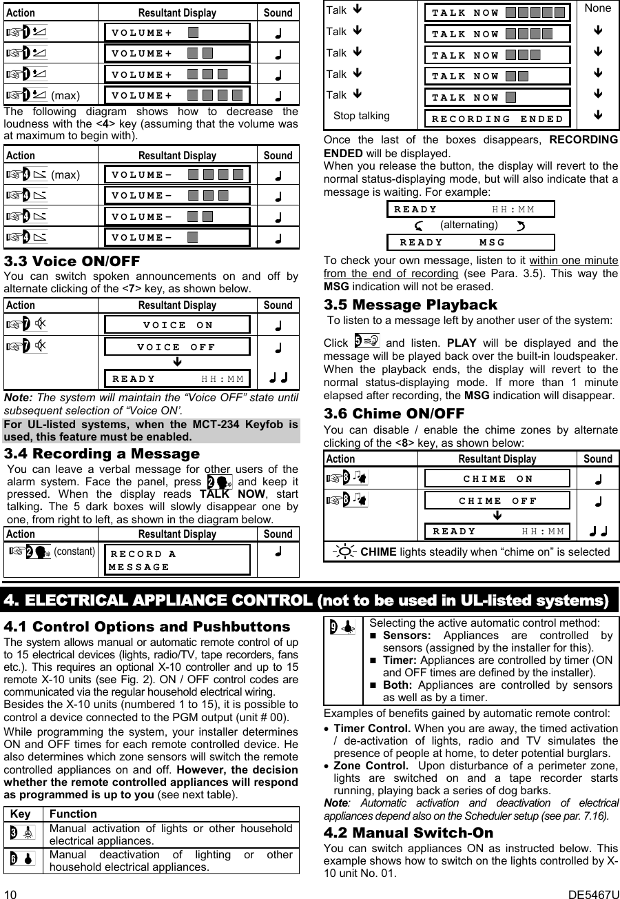 10  DE5467U   Action Resultant Display Sound   VOLUME+      VOLUME+        VOLUME+       (max)  VOLUME+       The following diagram shows how to decrease the loudness with the &lt;4&gt; key (assuming that the volume was at maximum to begin with). Action Resultant Display Sound  (max)  VOLUME–         VOLUME–        VOLUME–        VOLUME–    3.3 Voice ON/OFF You can switch spoken announcements on and off by alternate clicking of the &lt;7&gt; key, as shown below. Action Resultant Display Sound   VOICE ON   VOICE OFF       READY     HH:MM  Note: The system will maintain the “Voice OFF” state until subsequent selection of “Voice ON’. For UL-listed systems, when the MCT-234 Keyfob is used, this feature must be enabled. 3.4 Recording a Message  You can leave a verbal message for other users of the alarm system. Face the panel, press   and keep it pressed. When the display reads TALK NOW, start talking. The 5 dark boxes will slowly disappear one by one, from right to left, as shown in the diagram below. Action Resultant Display Sound  (constant)  RECORD A MESSAGE   Talk    TALK NOW        None Talk    TALK NOW         Talk    TALK NOW        Talk    TALK NOW         Talk    TALK NOW      Stop talking   RECORDING ENDED  Once the last of the boxes disappears, RECORDING ENDED will be displayed.  When you release the button, the display will revert to the normal status-displaying mode, but will also indicate that a message is waiting. For example:  READY      HH:MM      (alternating)         READY    MSG To check your own message, listen to it within one minute from the end of recording (see Para. 3.5). This way the MSG indication will not be erased.   3.5 Message Playback To listen to a message left by another user of the system:  Click   and listen. PLAY will be displayed and the message will be played back over the built-in loudspeaker. When the playback ends, the display will revert to the normal status-displaying mode. If more than 1 minute elapsed after recording, the MSG indication will disappear.  3.6 Chime ON/OFF  You can disable / enable the chime zones by alternate clicking of the &lt;8&gt; key, as shown below: Action Resultant Display Sound   CHIME ON    CHIME OFF     READY     HH:MM   CHIME lights steadily when “chime on” is selected  4. ELECTRICAL APPLIANCE CONTROL (not to be used in UL-listed systems) 4.1 Control Options and Pushbuttons The system allows manual or automatic remote control of up to 15 electrical devices (lights, radio/TV, tape recorders, fans etc.). This requires an optional X-10 controller and up to 15 remote X-10 units (see Fig. 2). ON / OFF control codes are communicated via the regular household electrical wiring. Besides the X-10 units (numbered 1 to 15), it is possible to control a device connected to the PGM output (unit # 00). While programming the system, your installer determines ON and OFF times for each remote controlled device. He also determines which zone sensors will switch the remote controlled appliances on and off. However, the decision whether the remote controlled appliances will respond as programmed is up to you (see next table).   Key Function  Manual activation of lights or other household electrical appliances.  Manual deactivation of lighting or other household electrical appliances.   Selecting the active automatic control method:  Sensors: Appliances are controlled by sensors (assigned by the installer for this).   Timer: Appliances are controlled by timer (ON and OFF times are defined by the installer).  Both:  Appliances are controlled by sensors as well as by a timer. Examples of benefits gained by automatic remote control:  • Timer Control. When you are away, the timed activation / de-activation of lights, radio and TV simulates the presence of people at home, to deter potential burglars. • Zone Control.  Upon disturbance of a perimeter zone, lights are switched on and a tape recorder starts running, playing back a series of dog barks. Note: Automatic activation and deactivation of electrical appliances depend also on the Scheduler setup (see par. 7.16). 4.2 Manual Switch-On You can switch appliances ON as instructed below. This example shows how to switch on the lights controlled by X-10 unit No. 01. 