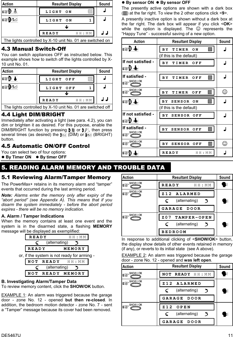 DE5467U  11 Action Resultant Display Sound   LIGHT ON          LIGHT ON     1       READY     HH:MM  The lights controlled by X-10 unit No. 01 are switched on4.3 Manual Switch-Off You can switch appliances OFF as instructed below. This example shows how to switch off the lights controlled by X-10 unit No. 01. Action Resultant Display Sound   LIGHT OFF         LIGHT OFF    1       READY     HH:MM  The lights controlled by X-10 unit No. 01 are switched off4.4 Light DIM/BRIGHT  Immediately after activating a light (see para. 4.2), you can dim or brighten it as desired. For this purpose, enable the DIM/BRIGHT function by pressing   or  , then press several times (as desired) the   (DIM) or   (BRIGHT) button. 4.5 Automatic ON/OFF Control  You can select two of four options:   By Timer ON    By timer OFF  By sensor ON   By sensor OFF The presently active options are shown with a dark box () at the far right. To view the 2 other options click &lt;9&gt;.  A presently inactive option is shown without a dark box at the far right. The dark box will appear if you click &lt;OK&gt; while the option is displayed. The ☺ represents the “Happy Tune” - successful saving of a new option.  Action Resultant Display Sound   BY TIMER ON      (if this is the default)  If not satisfied -   BY TIMER OFF    If satisfied -   BY TIMER OFF       BY TIMER OFF    ☺   BY SENSOR ON      (if this is the default)  If not satisfied -   BY SENSOR OFF      If satisfied -   BY SENSOR OFF       BY SENSOR OFF    ☺   READY     HH:MM    5. READING ALARM MEMORY AND TROUBLE DATA 5.1 Reviewing Alarm/Tamper Memory  The PowerMax+ retains in its memory alarm and “tamper” events that occurred during the last arming period.  Note: Alarms enter the memory only after expiry of the “abort period” (see Appendix A). This means that if you disarm the system immediately - before the abort period expires - there will be no memory indication.  A. Alarm / Tamper Indications When the memory contains at least one event and the system is in the disarmed state, a flashing MEMORY message will be displayed as exemplified:  READY      HH:MM       (alternating)         READY     MEMORY or, if the system is not ready for arming -  NOT READY  HH:MM       (alternating)         NOT READY MEMORY B. Investigating Alarm/Tamper Data To review memory content, click the SHOW/OK button.  EXAMPLE 1: An alarm was triggered because the garage door - zone No. 12 - opened but then re-closed. In addition, the bedroom motion detector - zone No. 7 - sent a “Tamper” message because its cover had been removed.  Action Resultant Display Sound   READY    HH:MM y   Z12 ALARMED          (alternating)          y  GARAGE DOOR    Z07 TAMPER-OPEN          (alternating)          y  BEDROOM  In response to additional clicking of &lt;SHOW/OK&gt; button, the display show details of other events retained in memory (if any), or reverts to its initial state  (see A above). EXAMPLE 2: An alarm was triggered because the garage door - zone No. 12 - opened and was left open.  Action  Resultant Display  Sound   NOT READY HH:MM y   Z12 ALARMED          (alternating)          y  GARAGE DOOR    Z12 OPEN          (alternating)          y  GARAGE DOOR  